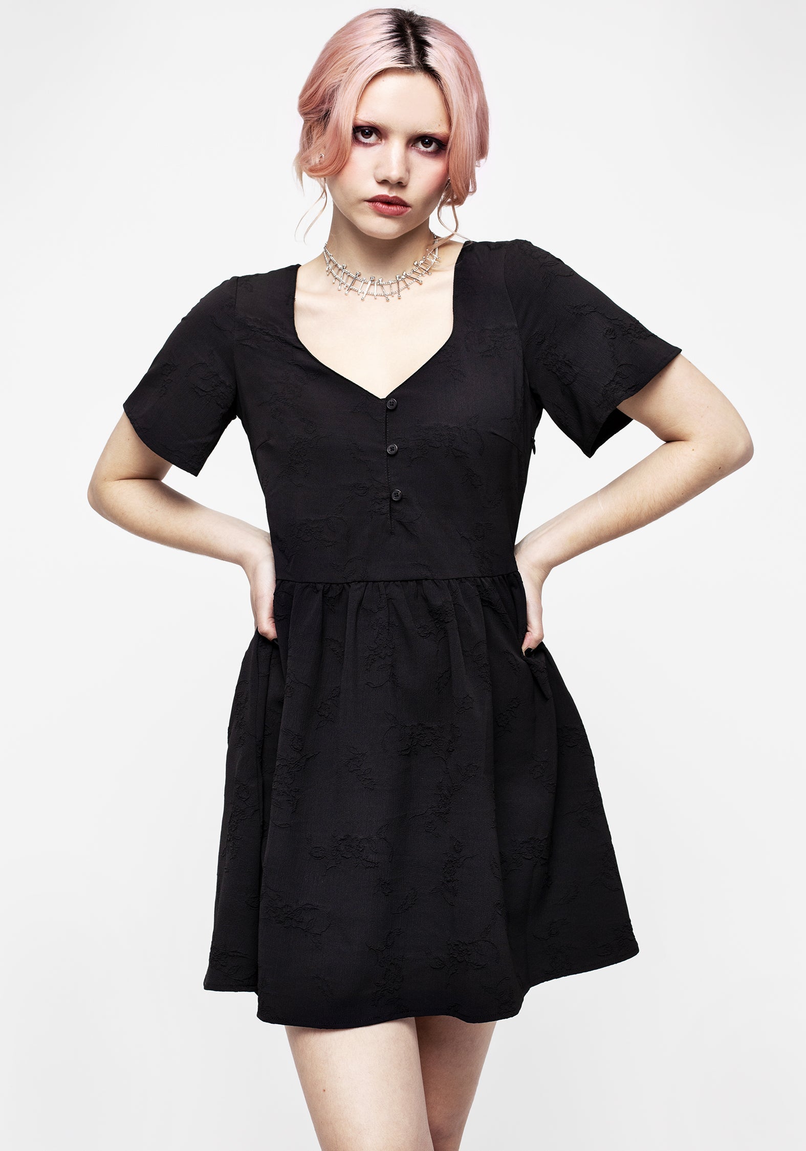 Black Floral Jacquard Button-Up Mini Dress | Medea