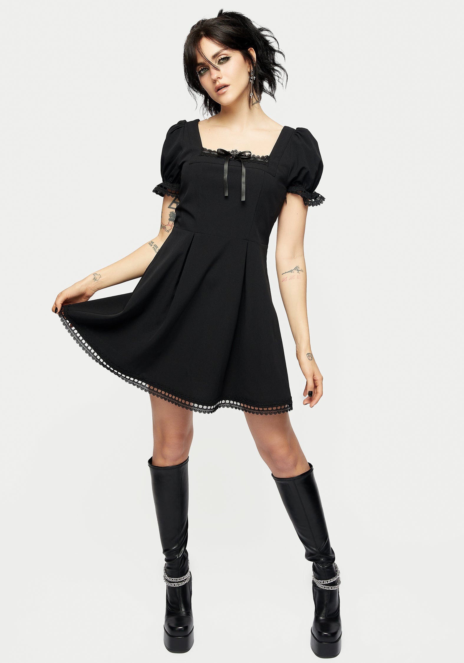 Black Square Neck Mini Dress with Lace Trim & Puffed Sleeves | Misery