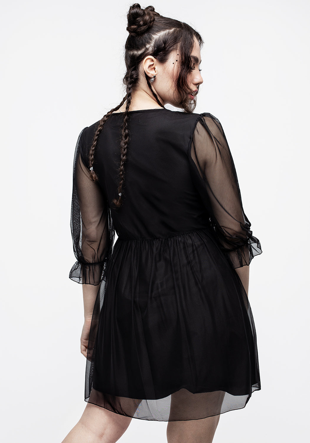 Black V-Neck Hook & Eye Mini Skater Dress with Mesh Sleeves | Sisterhood
