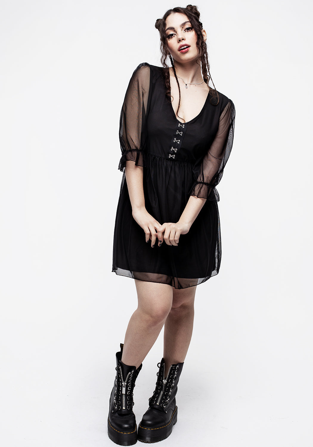 Black V-Neck Hook & Eye Mini Skater Dress with Mesh Sleeves | Sisterhood