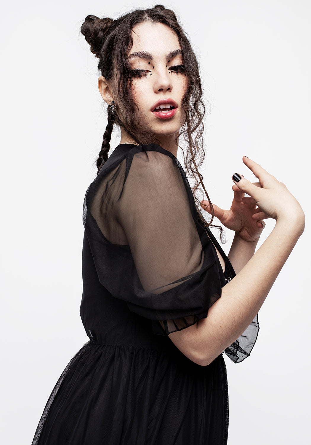 Black V-Neck Hook & Eye Mini Skater Dress with Mesh Sleeves | Sisterhood