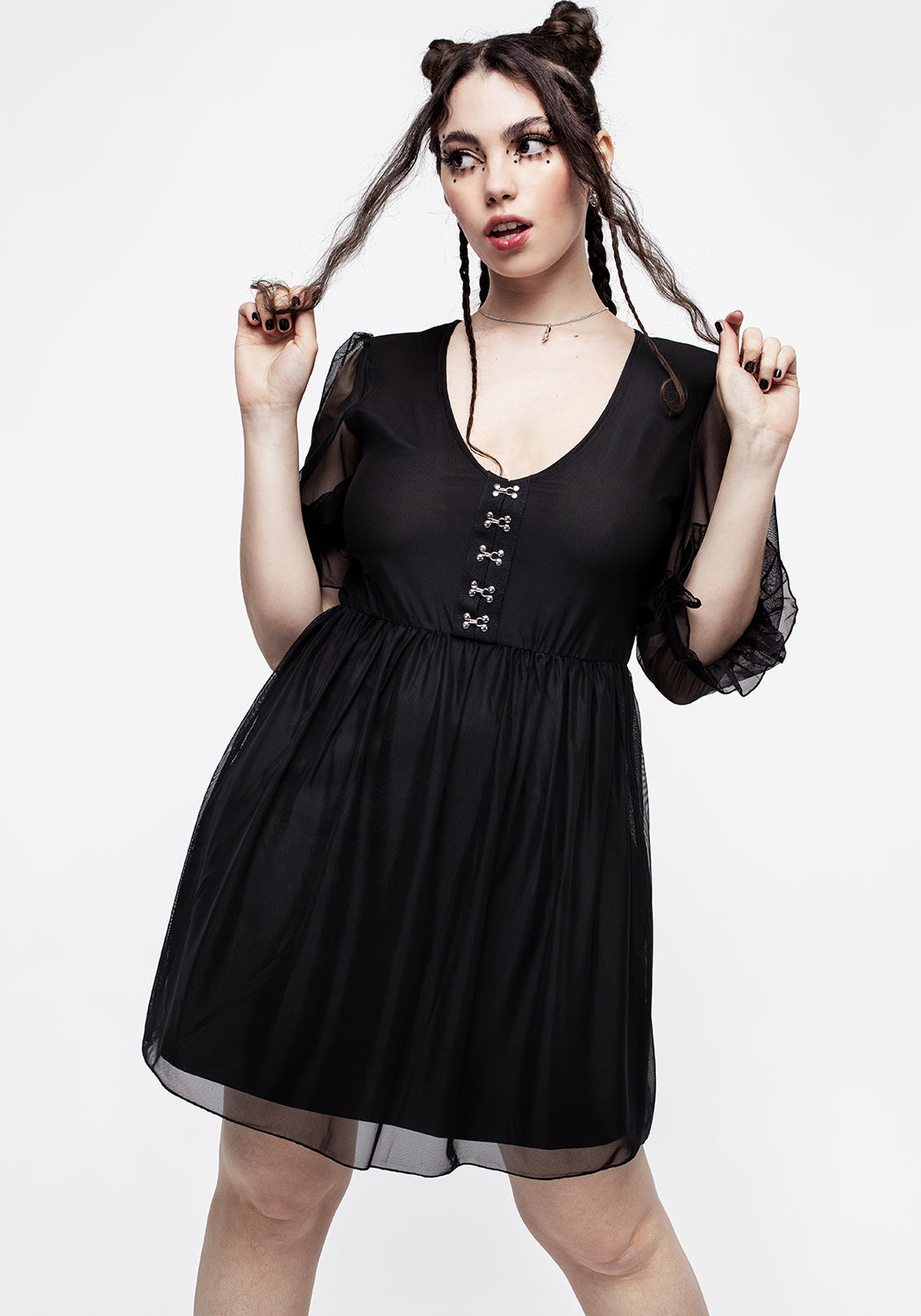 Black V-Neck Hook & Eye Mini Skater Dress with Mesh Sleeves | Sisterhood