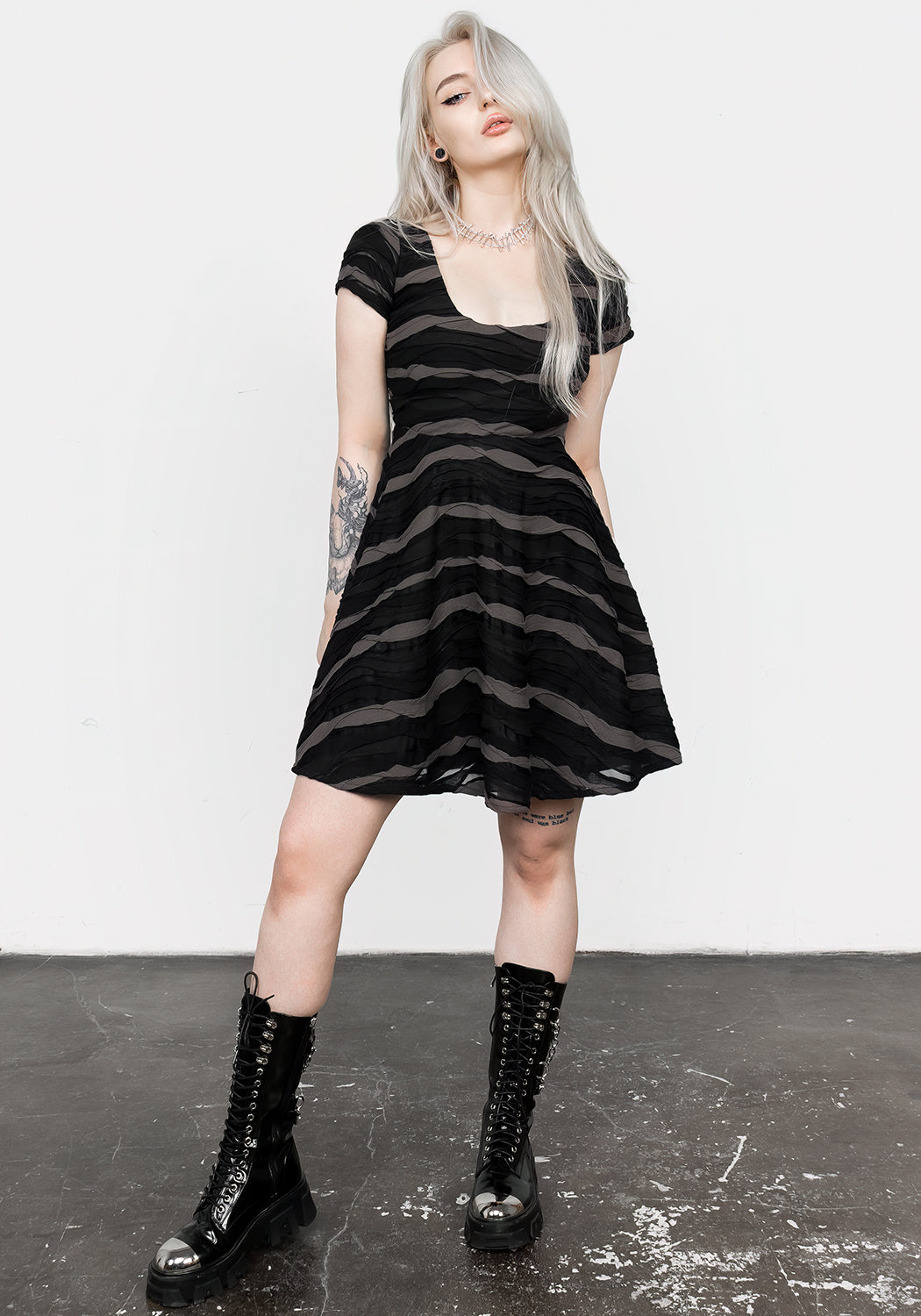 Textured Mesh Mini Skater Dress with Cap Sleeves | Distortion