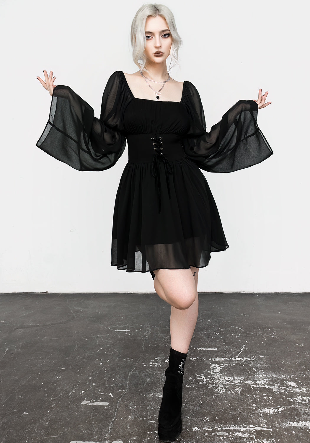 Black Sheer Lace-Up Mini Dress with Corset Detail | Bonnie