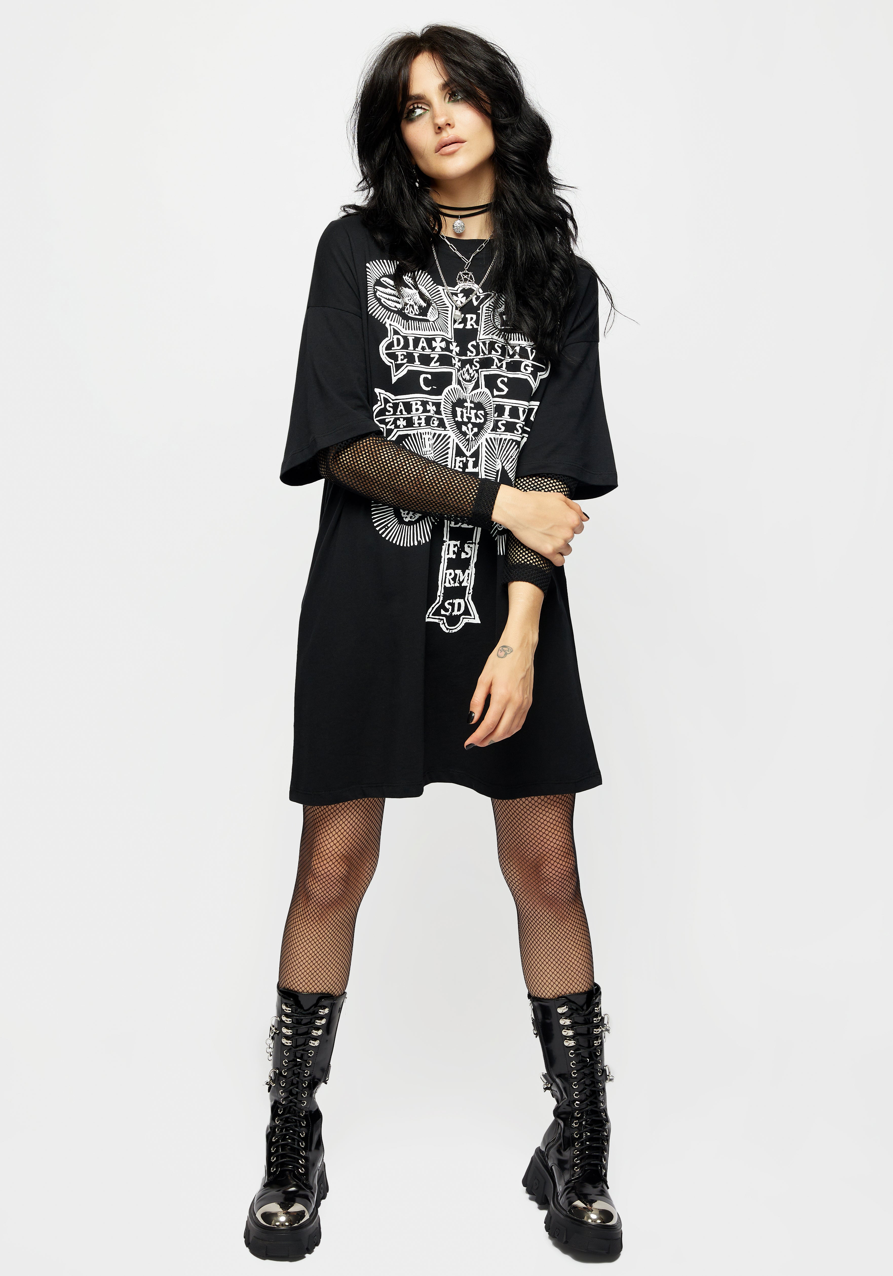 Layered Fishnet Sleeve T-Shirt Dress with Crucifix Print | Stigmata