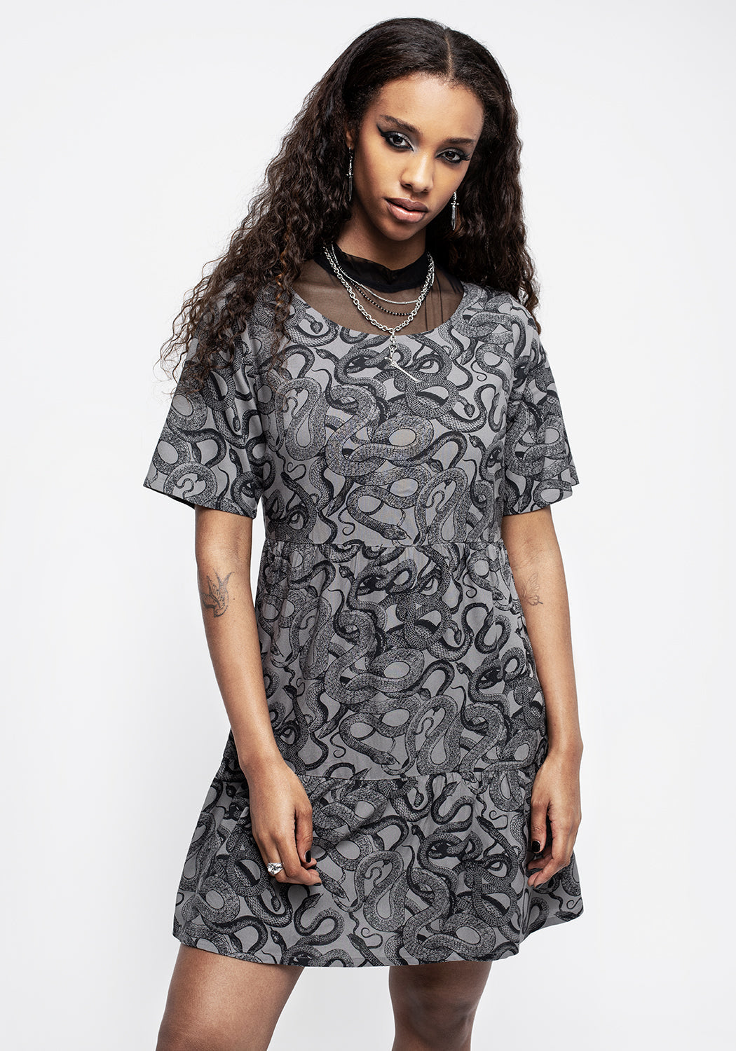 Grey Snake Print Mini Smock Dress | Relaxed Fit & Tiered Skirt