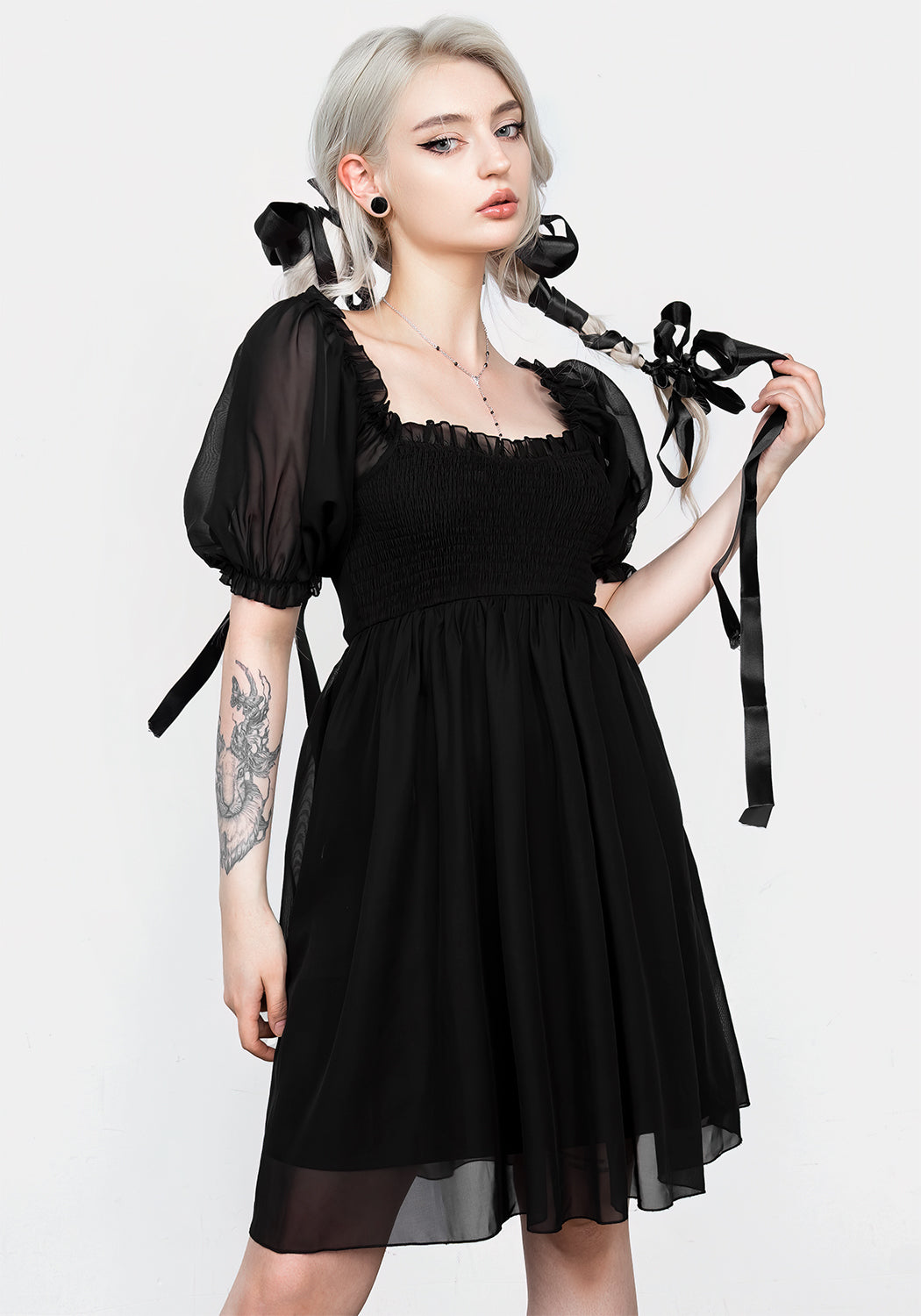 Black Smocked Babydoll Mini Dress with Sheer Puff Sleeves | Destiny