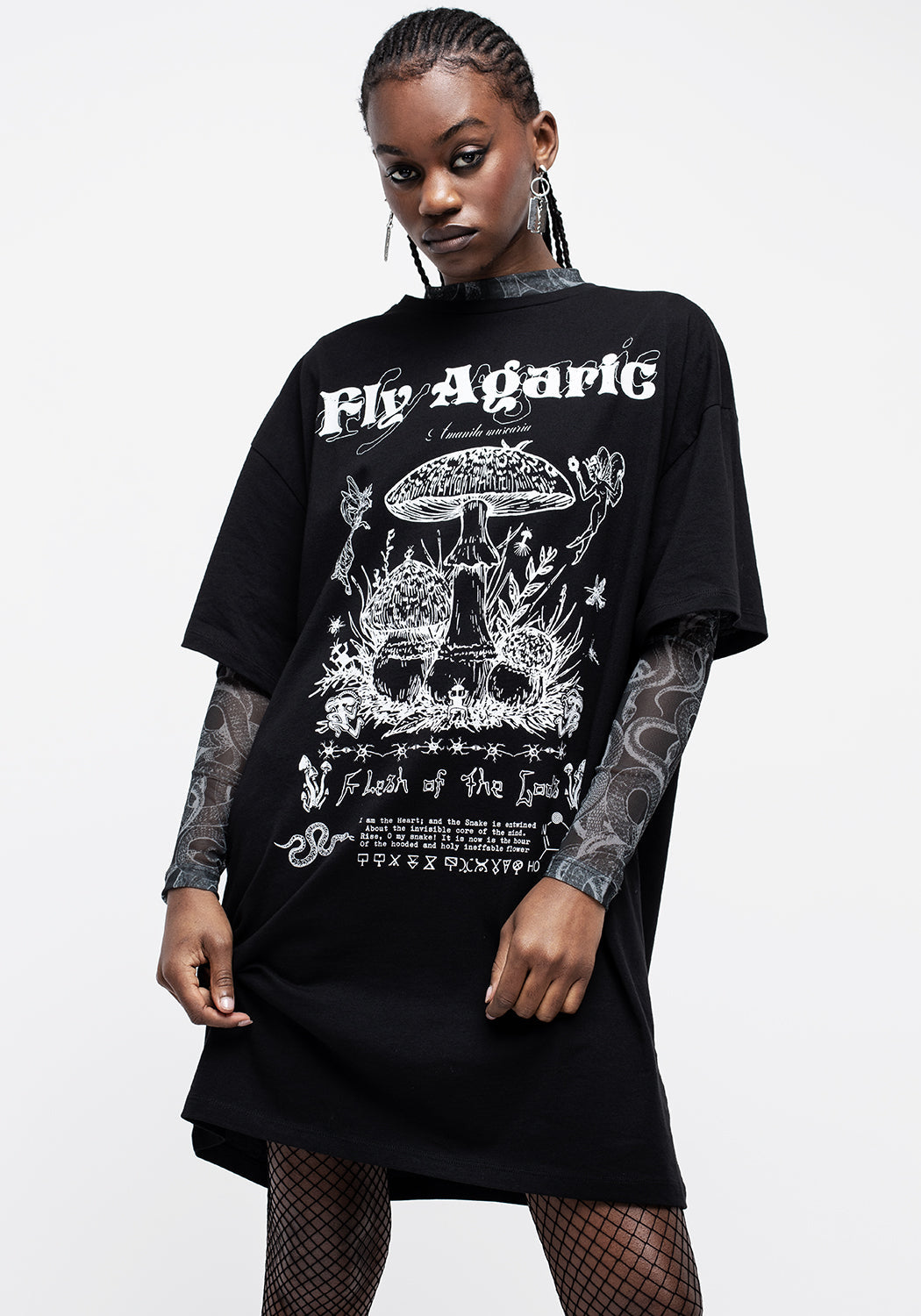 Black Graphic Print T-Shirt Dress with Fly Agaric Design | Soft Cotton