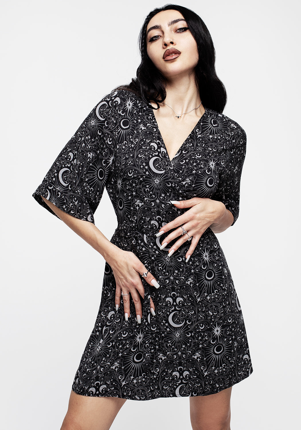 Black Moon & Star Print Wrap Mini Dress | Stellaluna Kimono