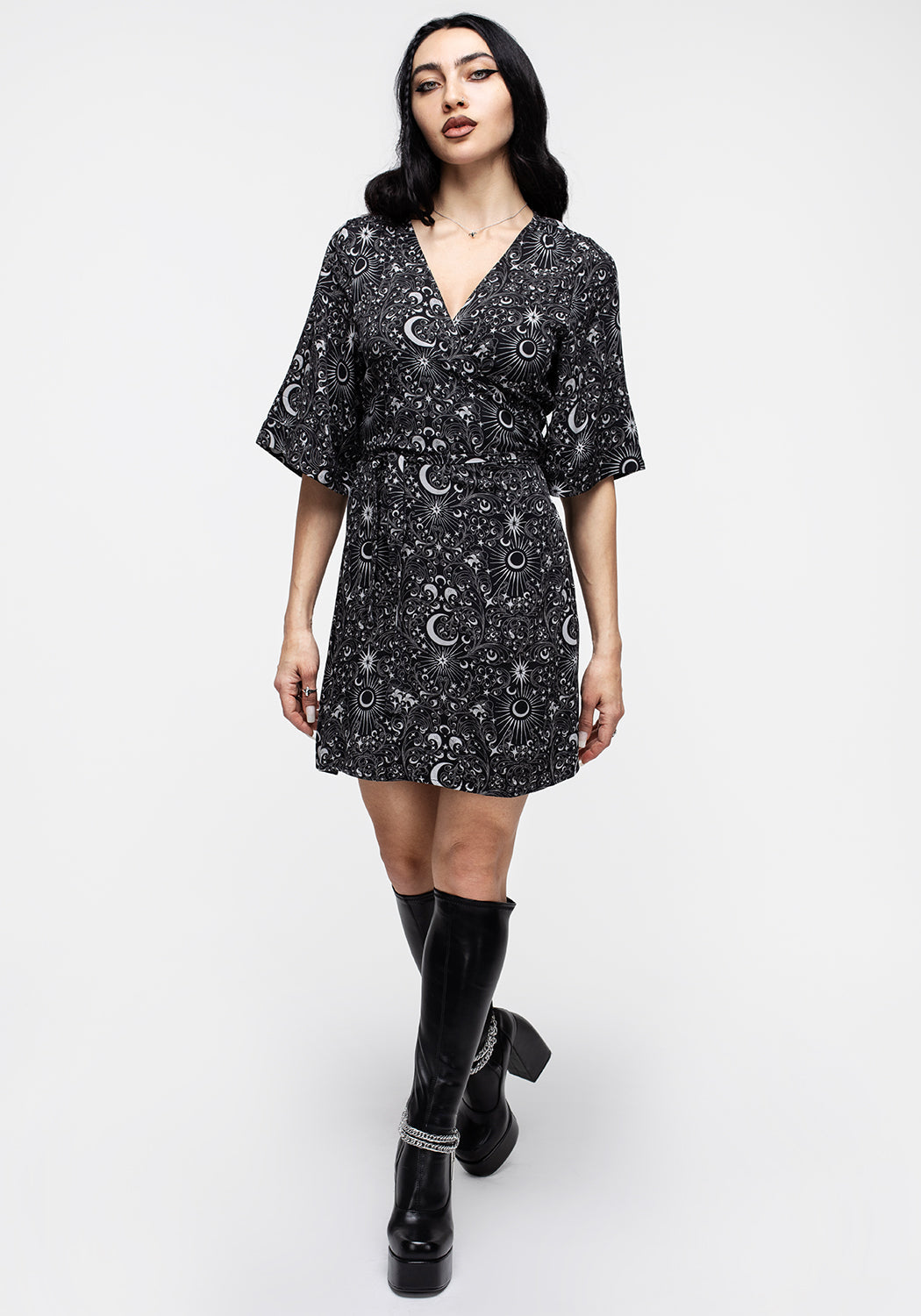 Black Moon & Star Print Wrap Mini Dress | Stellaluna Kimono