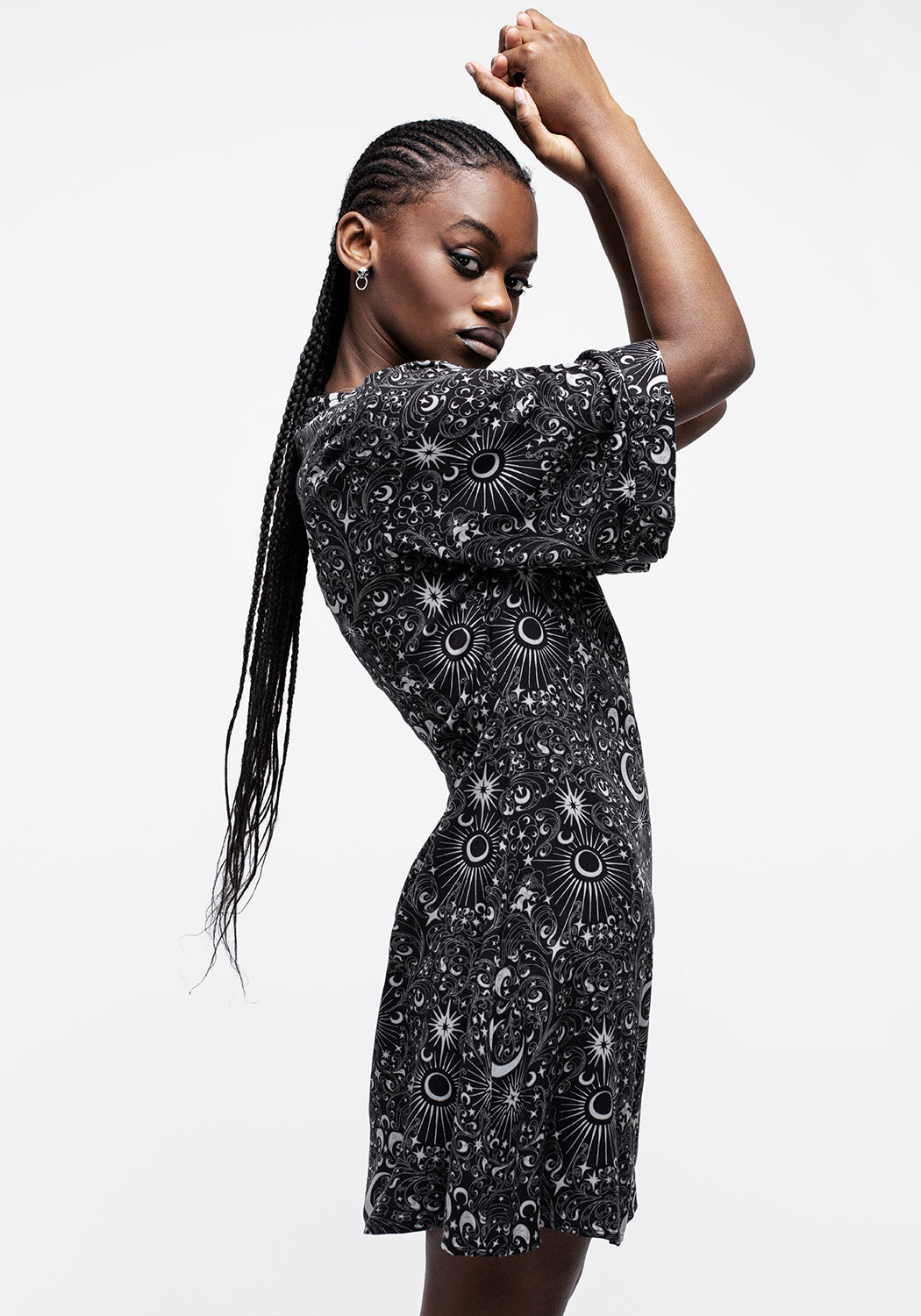 Black Moon & Star Print Wrap Mini Dress | Stellaluna Kimono