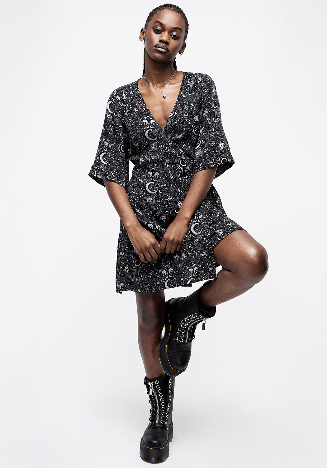 Black Moon & Star Print Wrap Mini Dress | Stellaluna Kimono