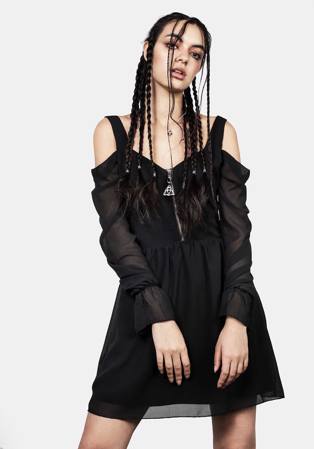 Black Cold Shoulder Mini Dress with Chiffon Sleeves & Triquetra Zip | Jaz