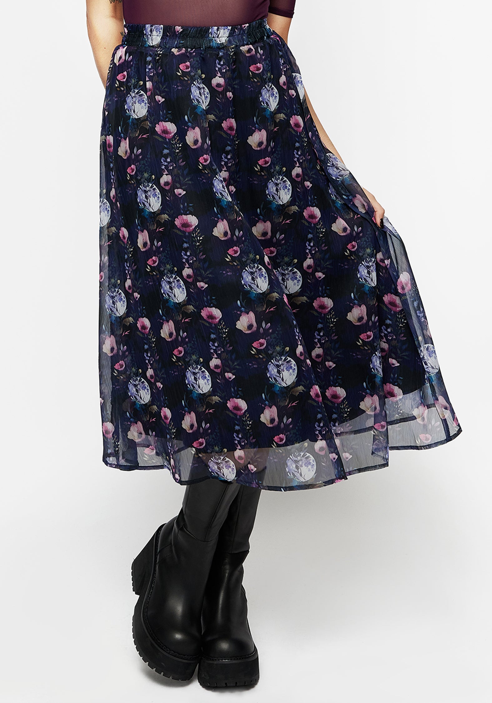Floral Print Chiffon Midi Skirt with Elastic Waist | Socordia