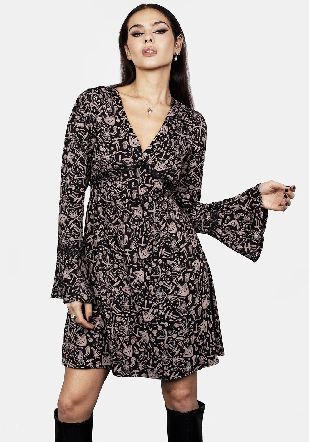 Black Mushroom Print Mini Dress with Lace Trim | Mycophile