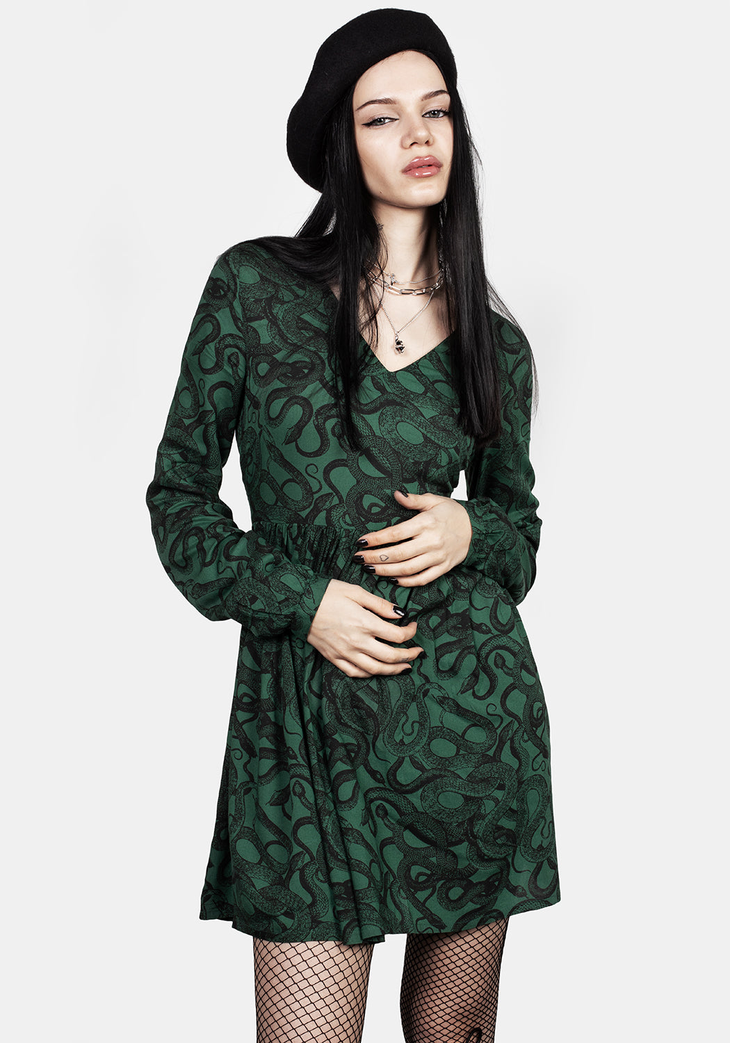 Green Printed Long-Sleeve Mini Dress with Puff Sleeves | Ophidia