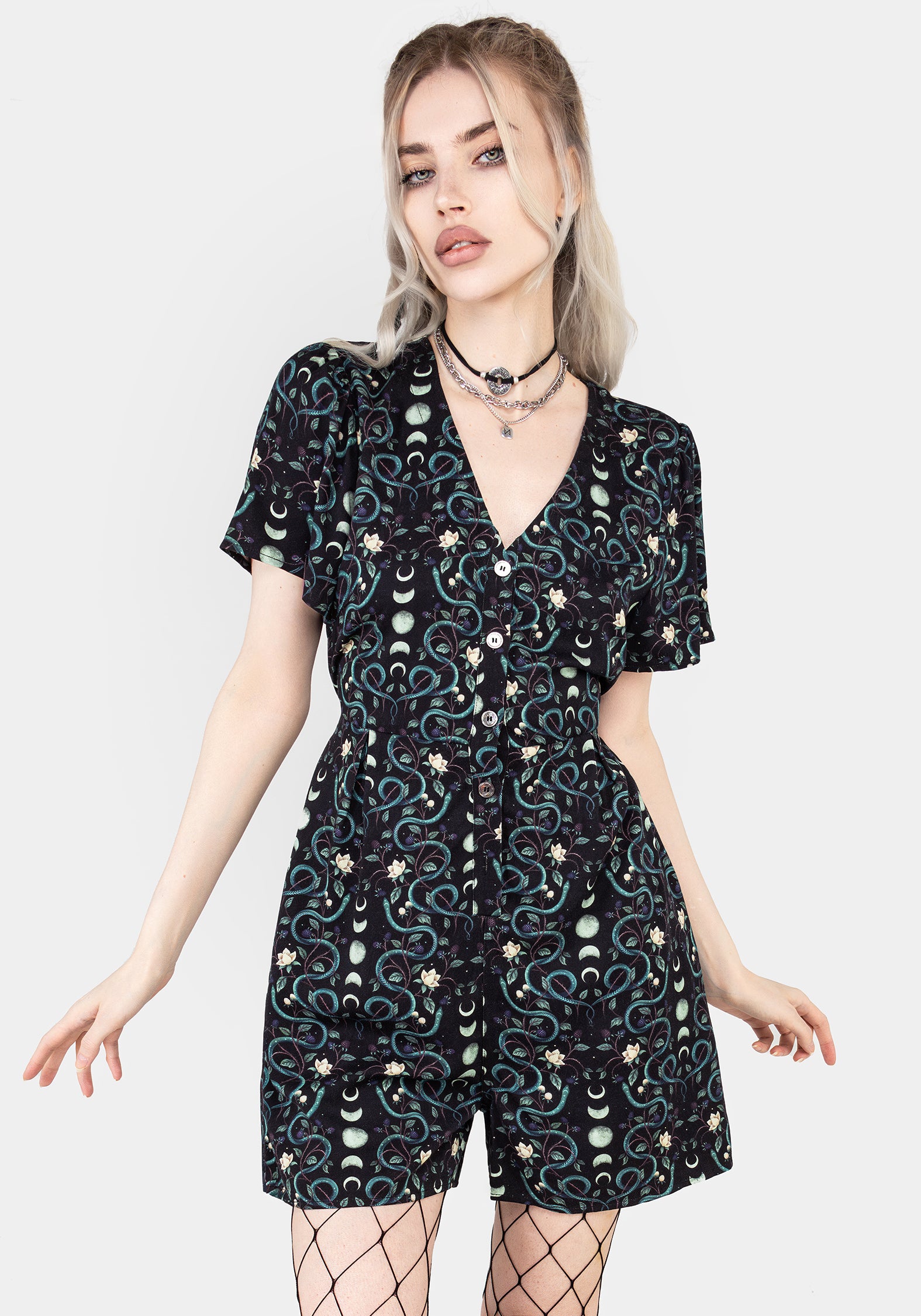 Black & Blue Snake Print Button-Up Playsuit with Pockets | Pythia