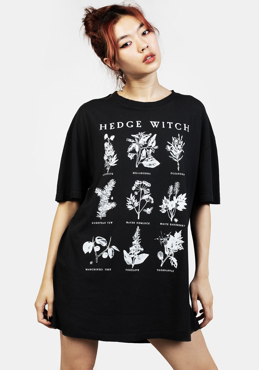Black Oversized Tee Dress with Graphic & Dropped Shoulders | Hedgewitch