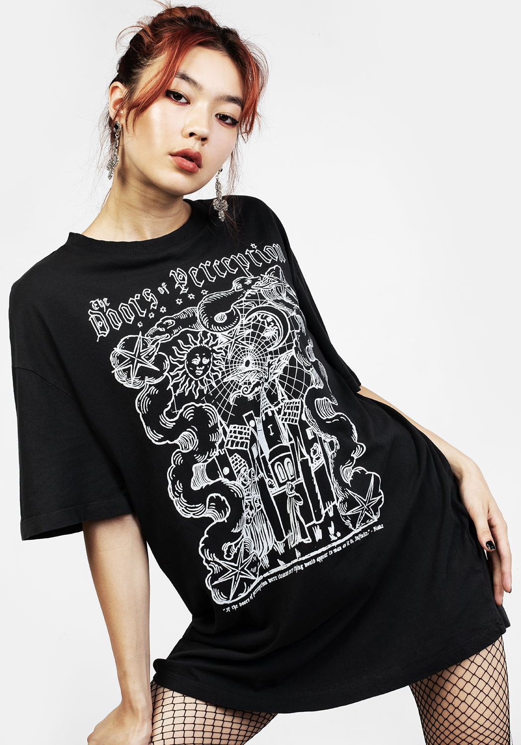 Black Oversized Graphic Tee Dress with Dropped Shoulders | Perception