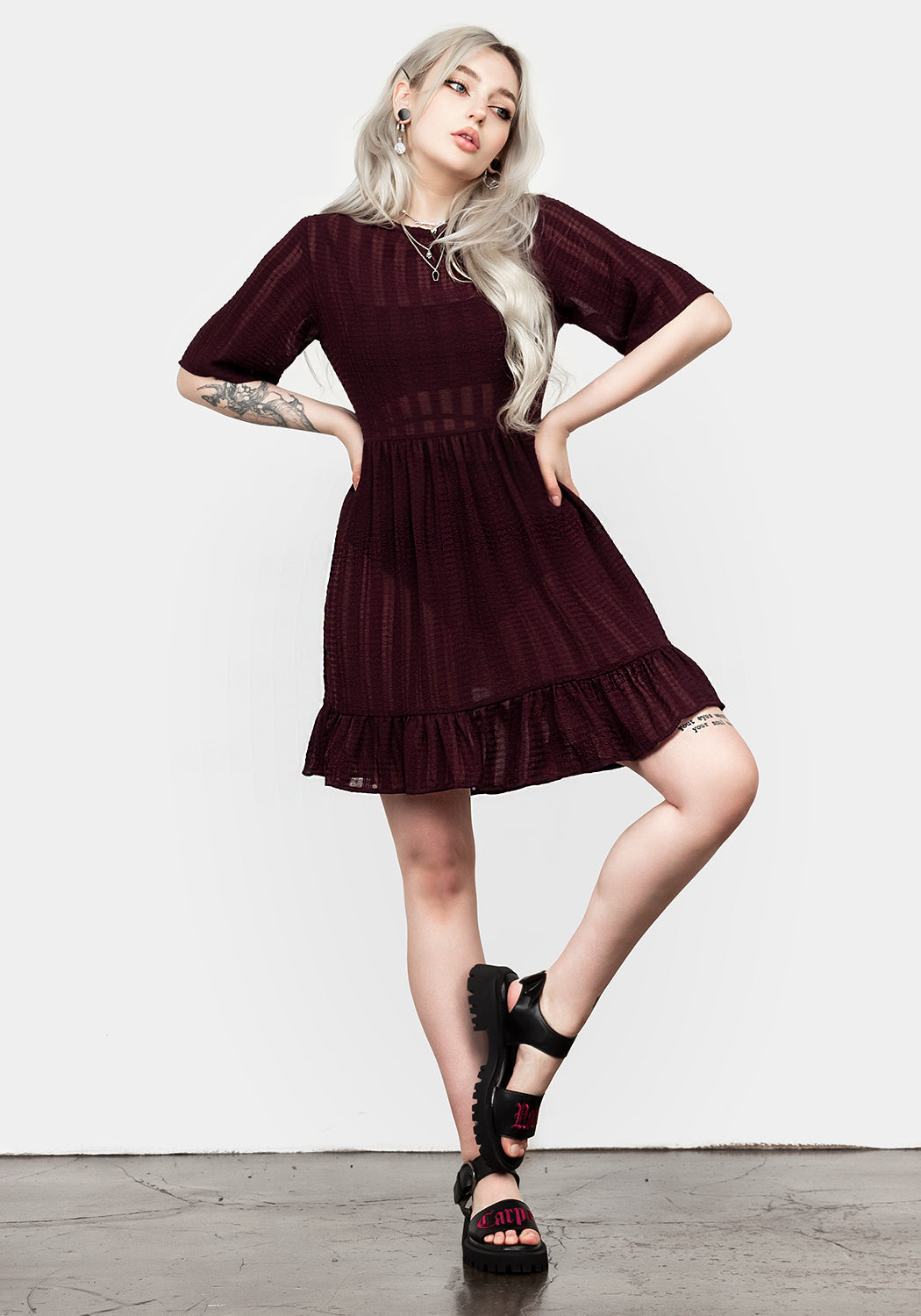 Sheer Purple Smock Dress with Long Sleeves & Ruched Hem | Floaty Design