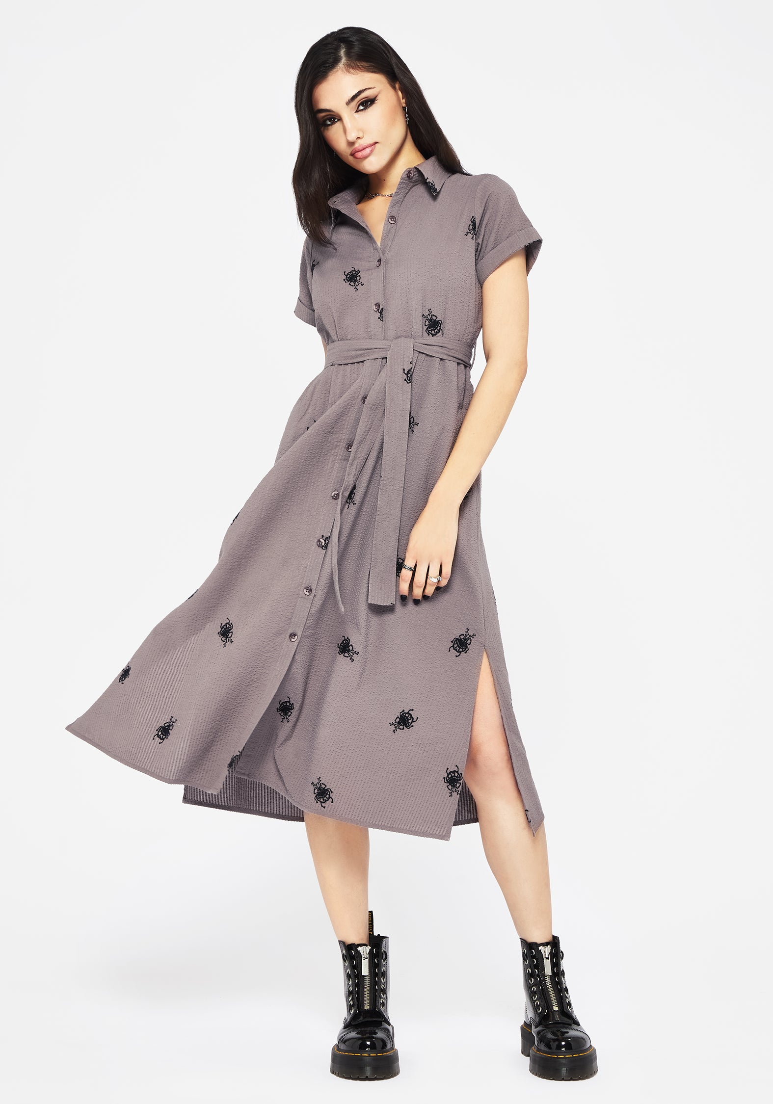 Taupe Beetle Embroidered Midi Shirt Dress | 100% Cotton