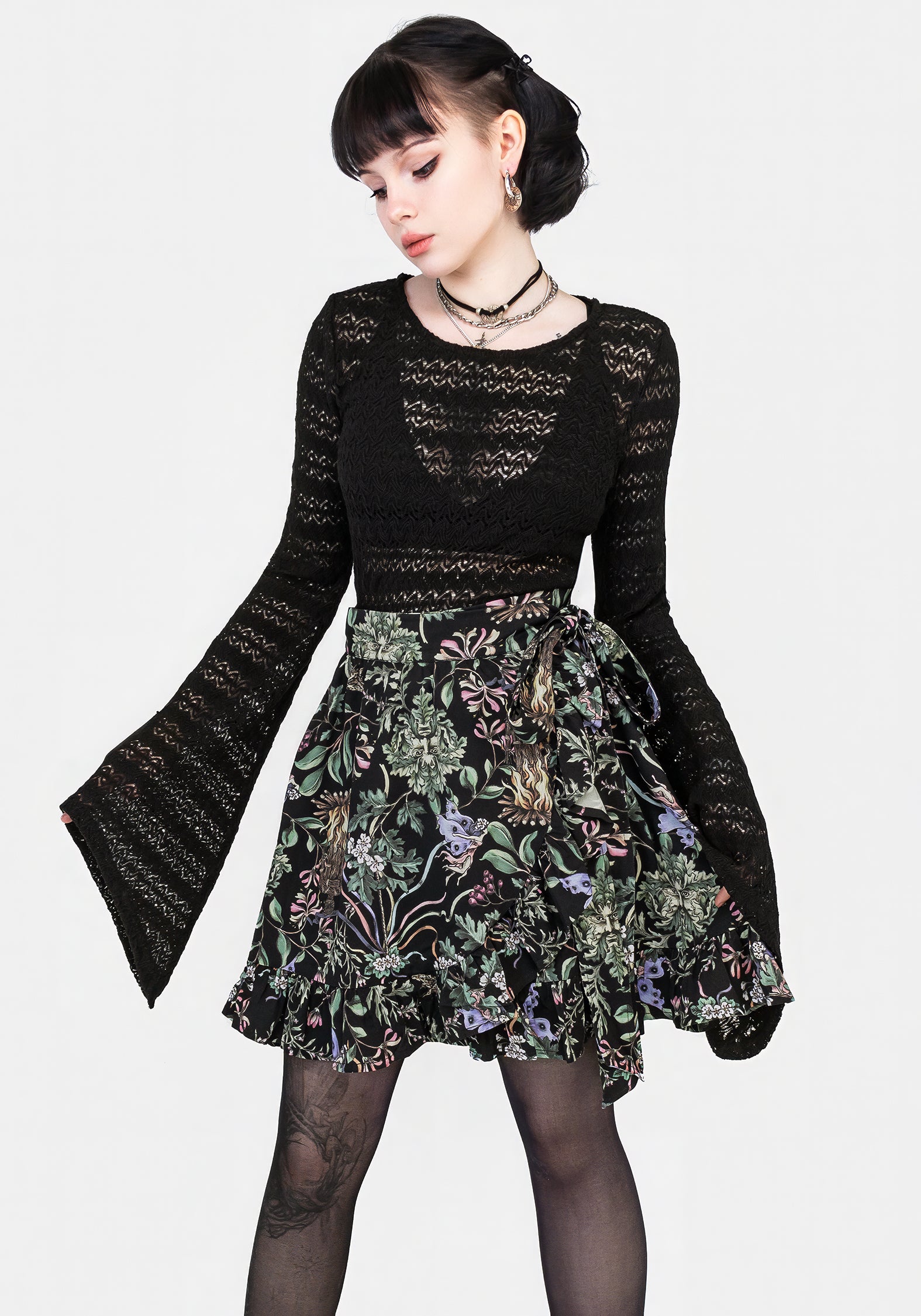 Black Floral Wicca Mini Wrap Skirt with Frill Trim | Beltane