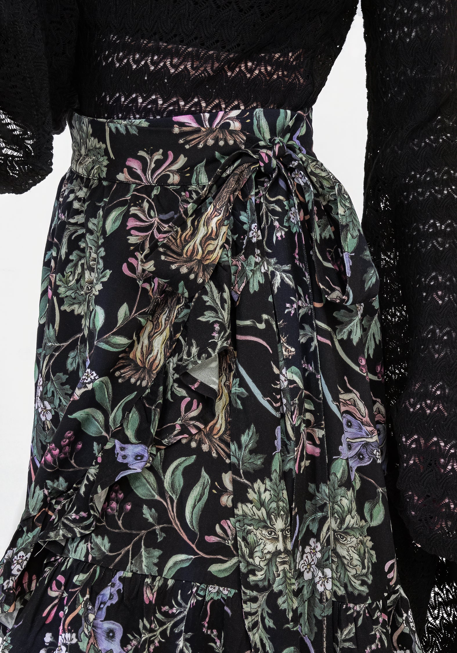 Black Floral Wicca Mini Wrap Skirt with Frill Trim | Beltane