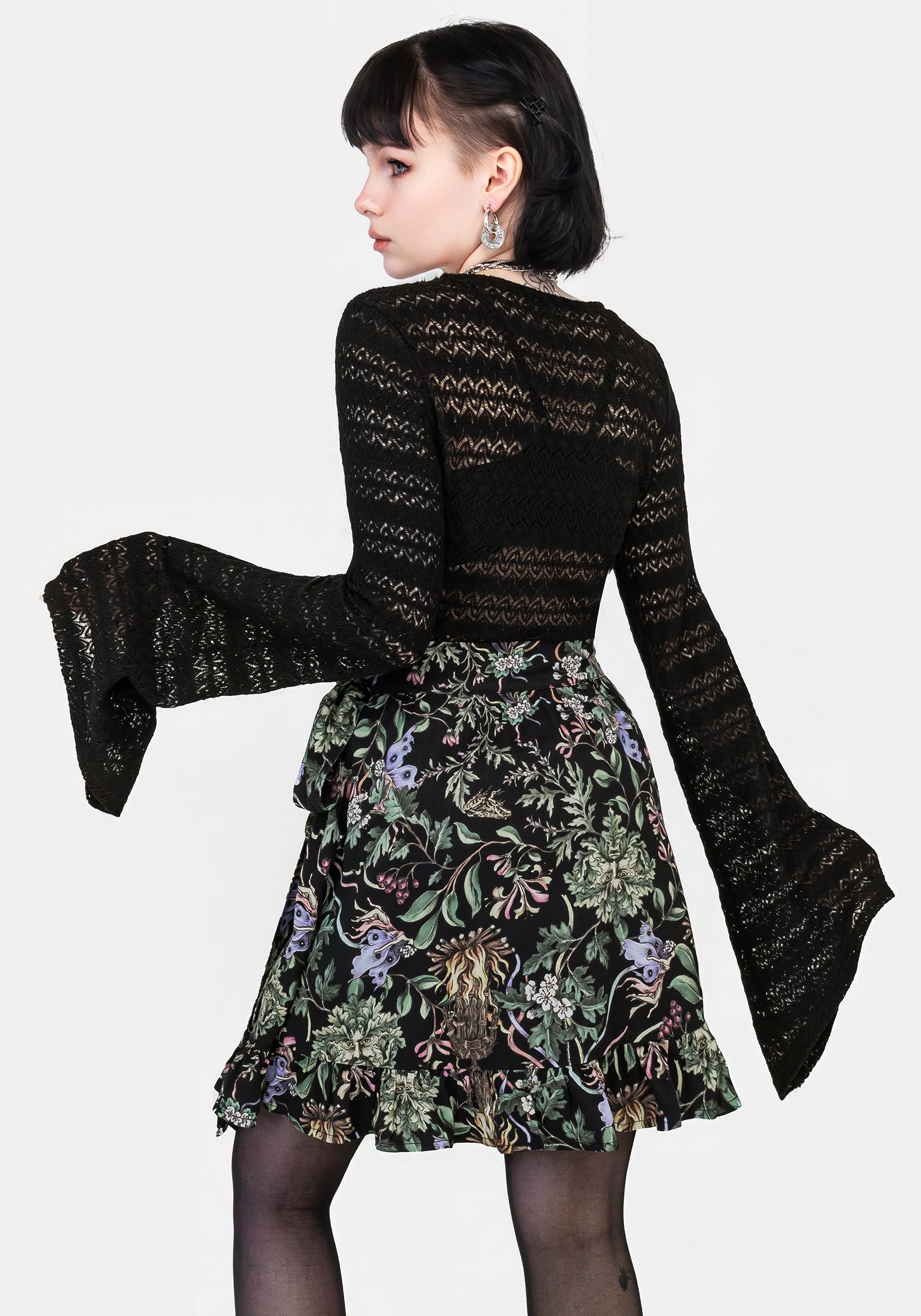 Black Floral Wicca Mini Wrap Skirt with Frill Trim | Beltane