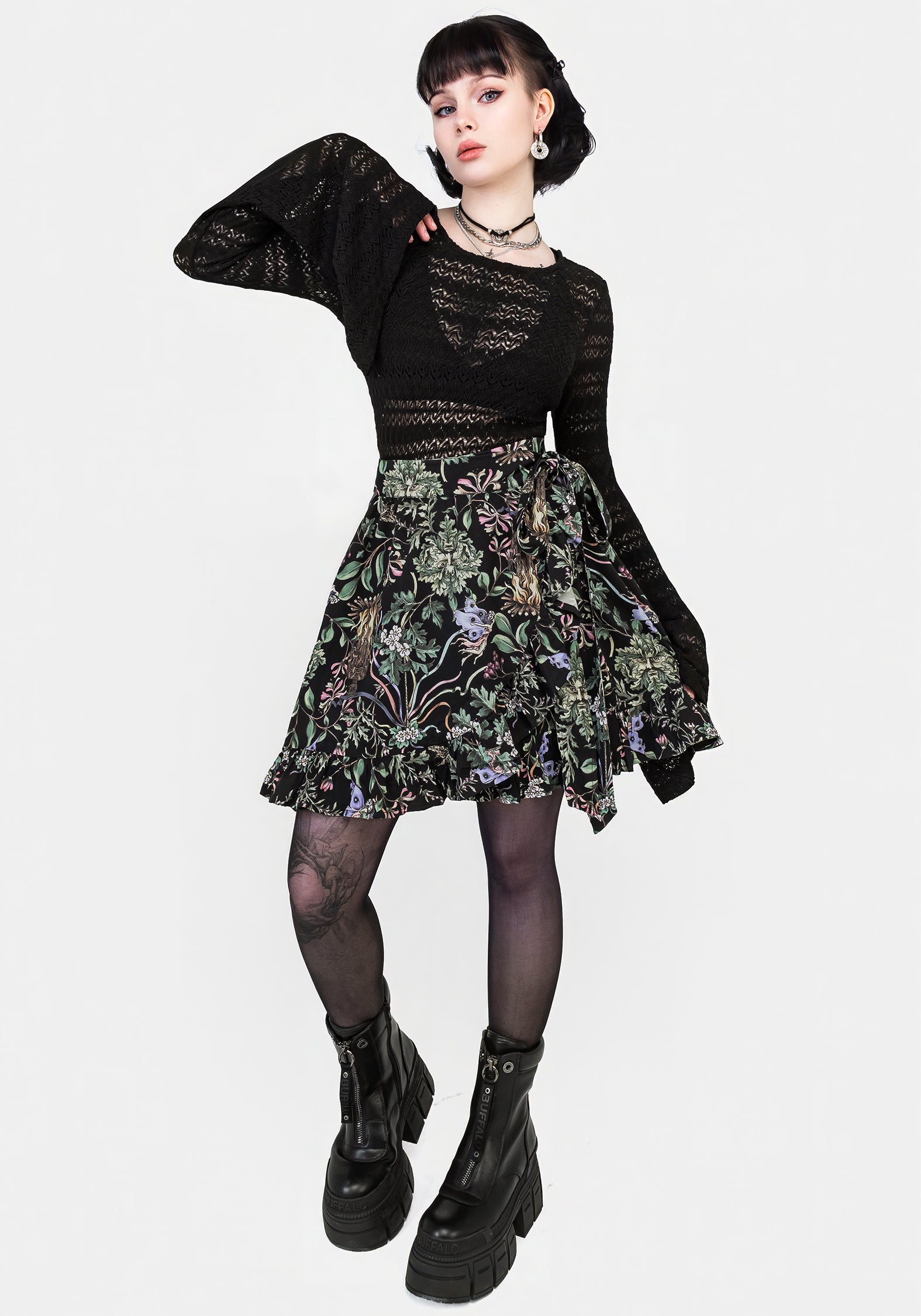 Black Floral Wicca Mini Wrap Skirt with Frill Trim | Beltane