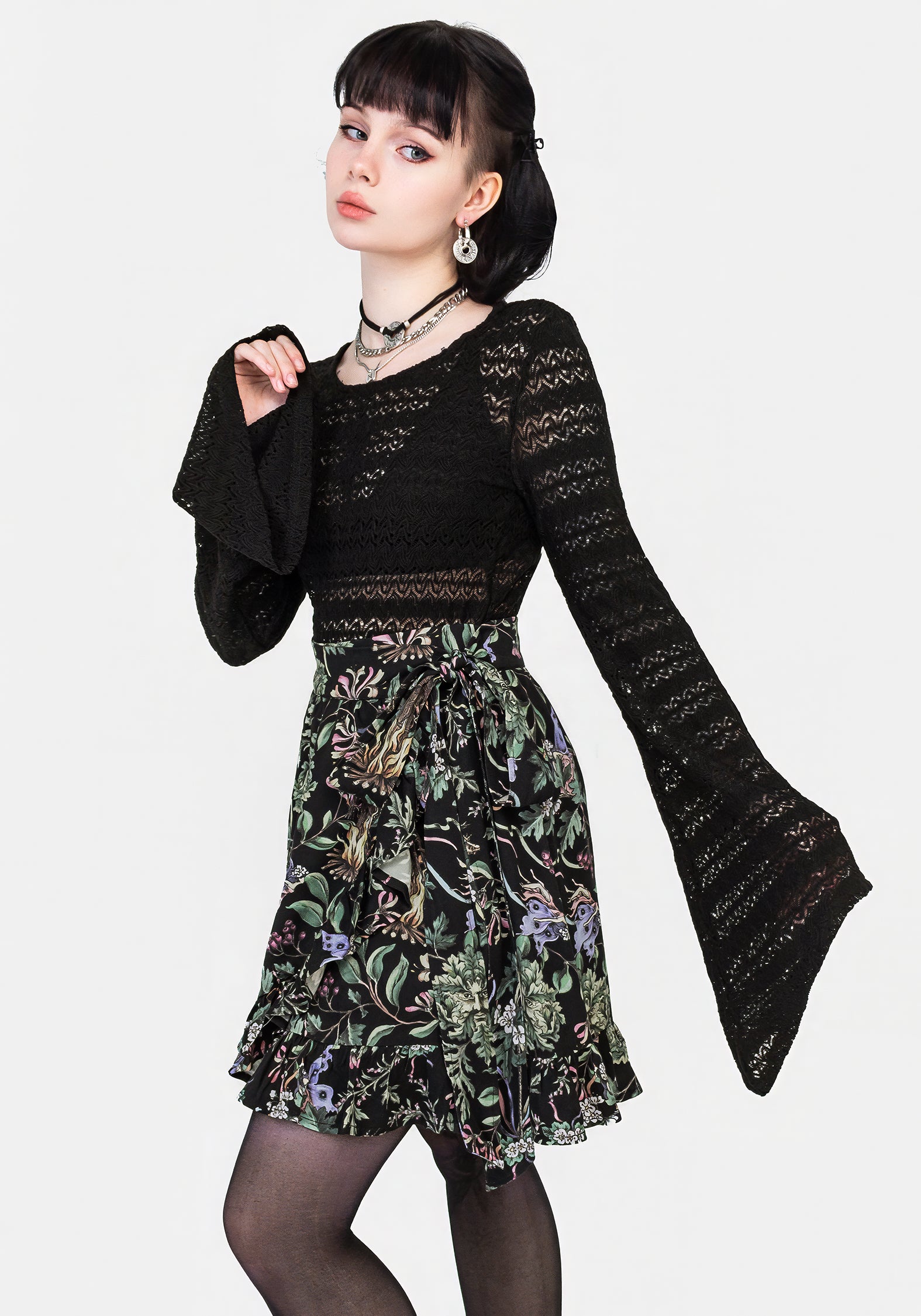 Black Floral Wicca Mini Wrap Skirt with Frill Trim | Beltane