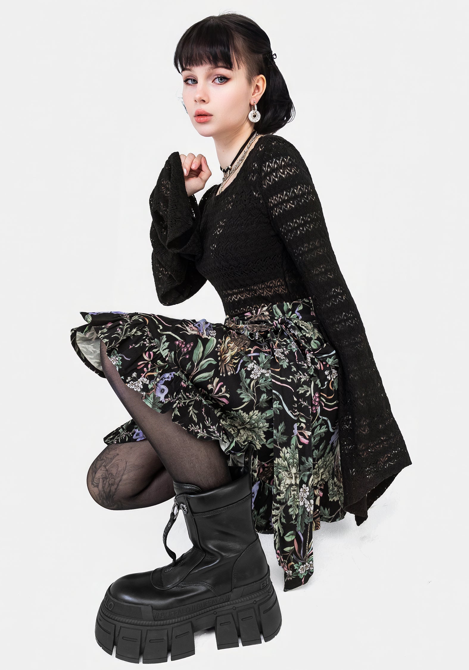 Black Floral Wicca Mini Wrap Skirt with Frill Trim | Beltane