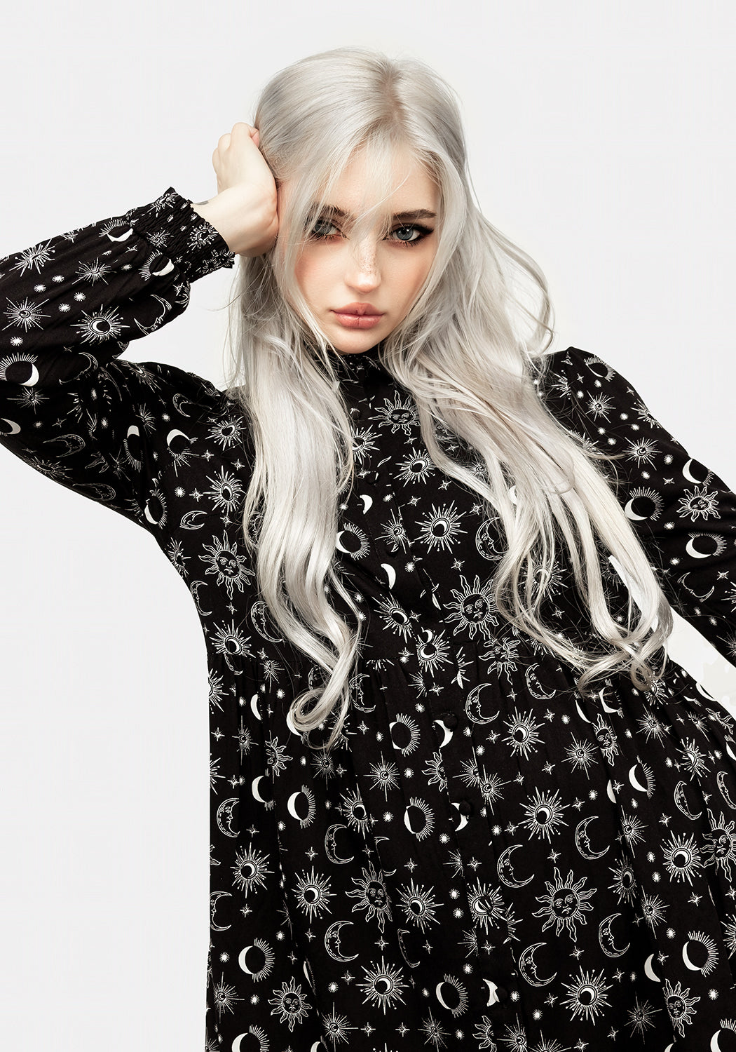 Black Oversized Shirt Dress with Celestial Print | Moonbeam
