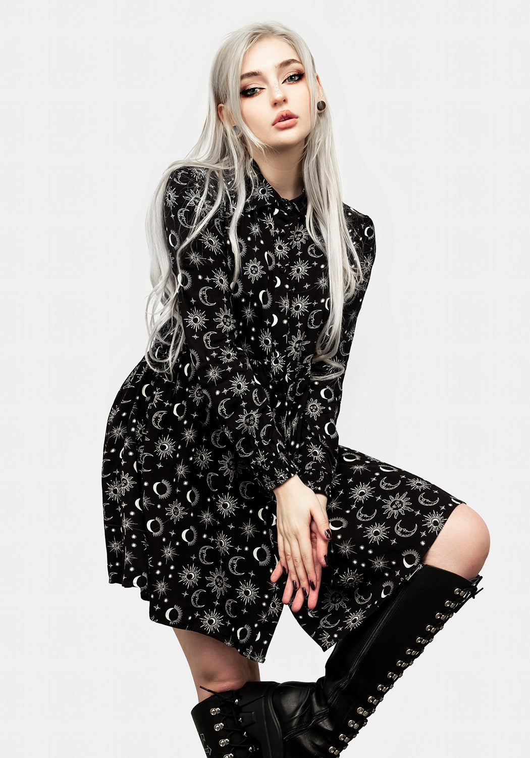 Black Oversized Shirt Dress with Celestial Print | Moonbeam