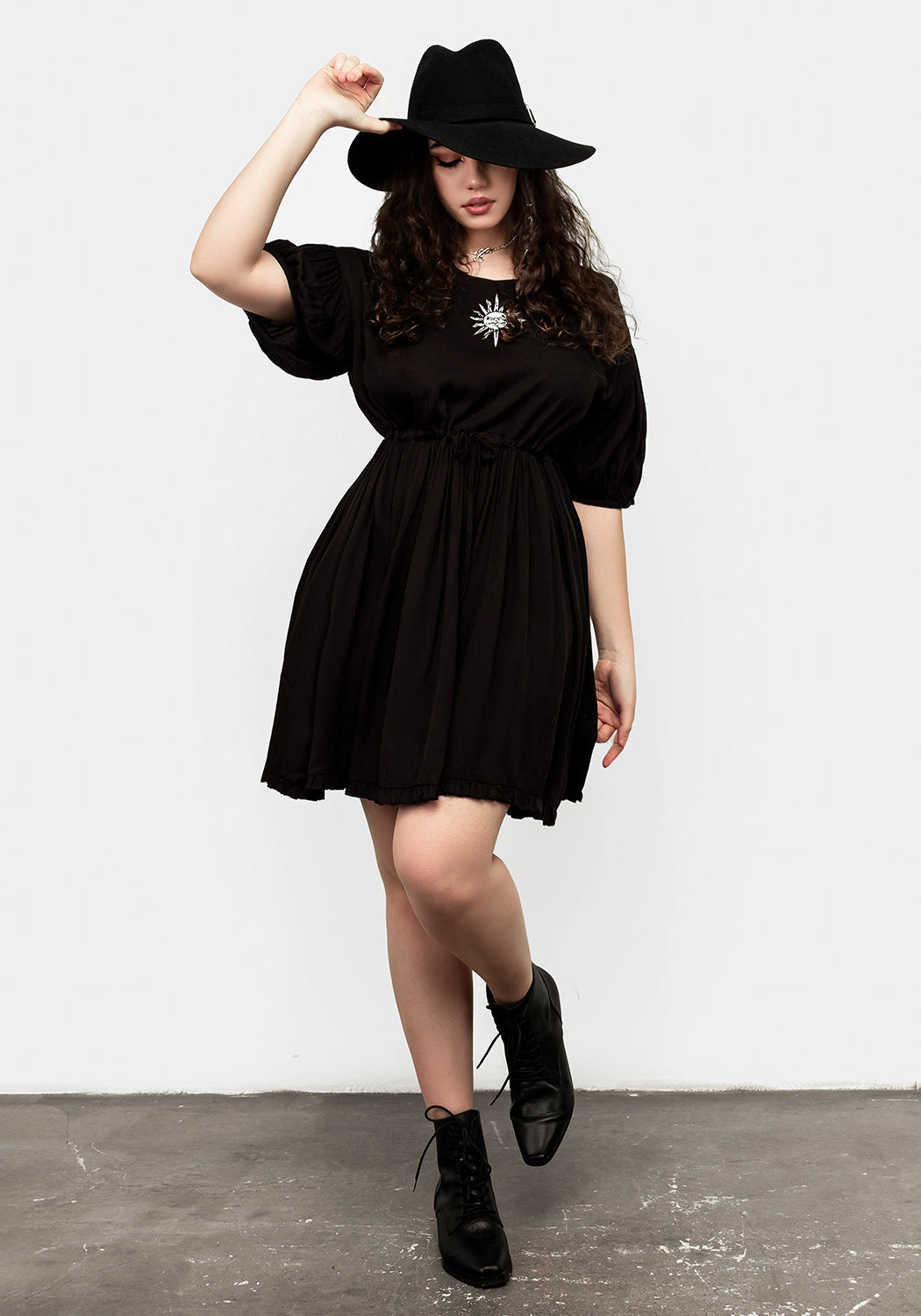 Embroidered Smock Dress with Puff Sleeves & Drawstring Waist | Priestess Style