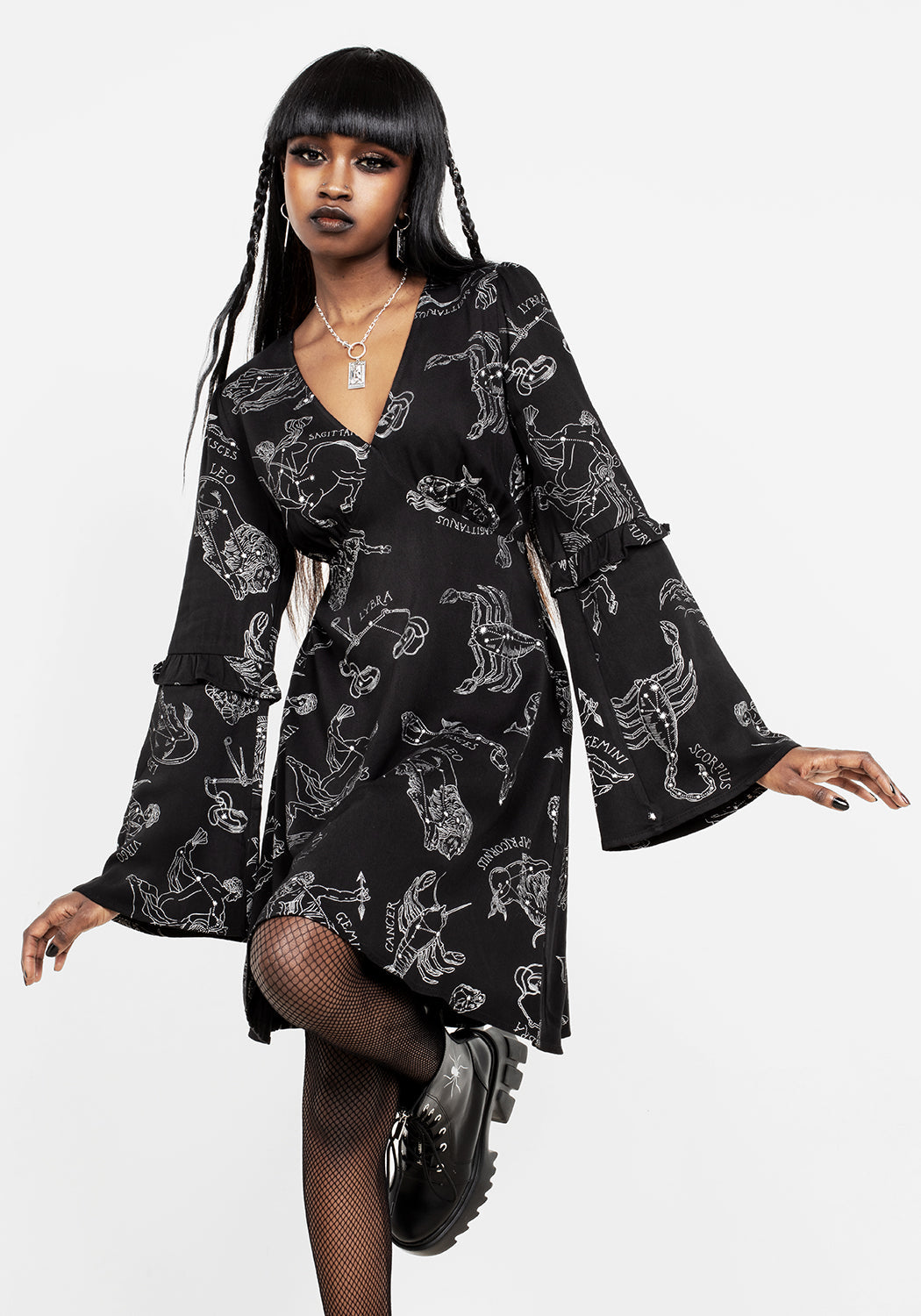 Black Zodiac Print Flare Sleeve Mini Dress | Deep V-Neck & Flared Sleeves
