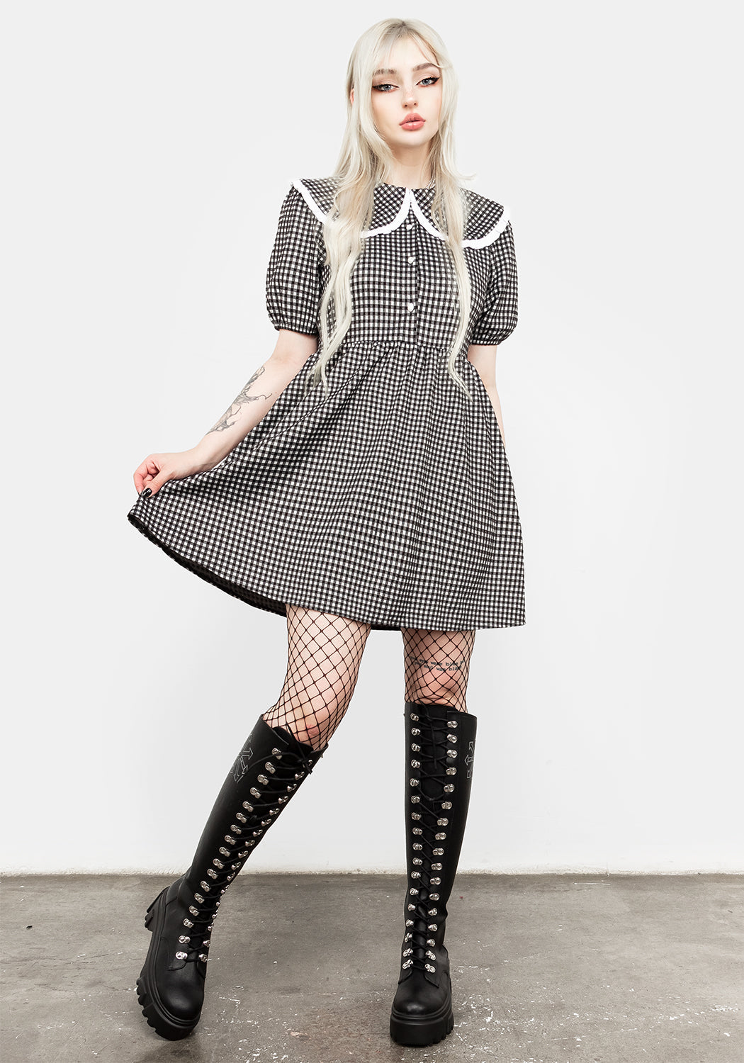 Gingham Collared Dress with Pockets & Puff Sleeves | Mabel