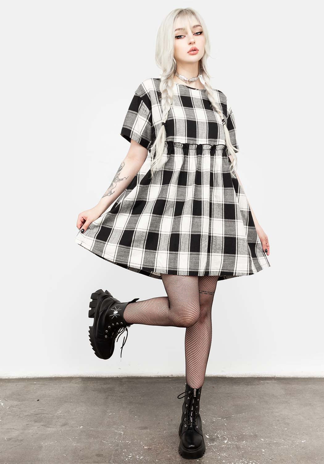 Black & Ivory Check Skater Dress with Ruffles | Shirley Cotton Mini Dress