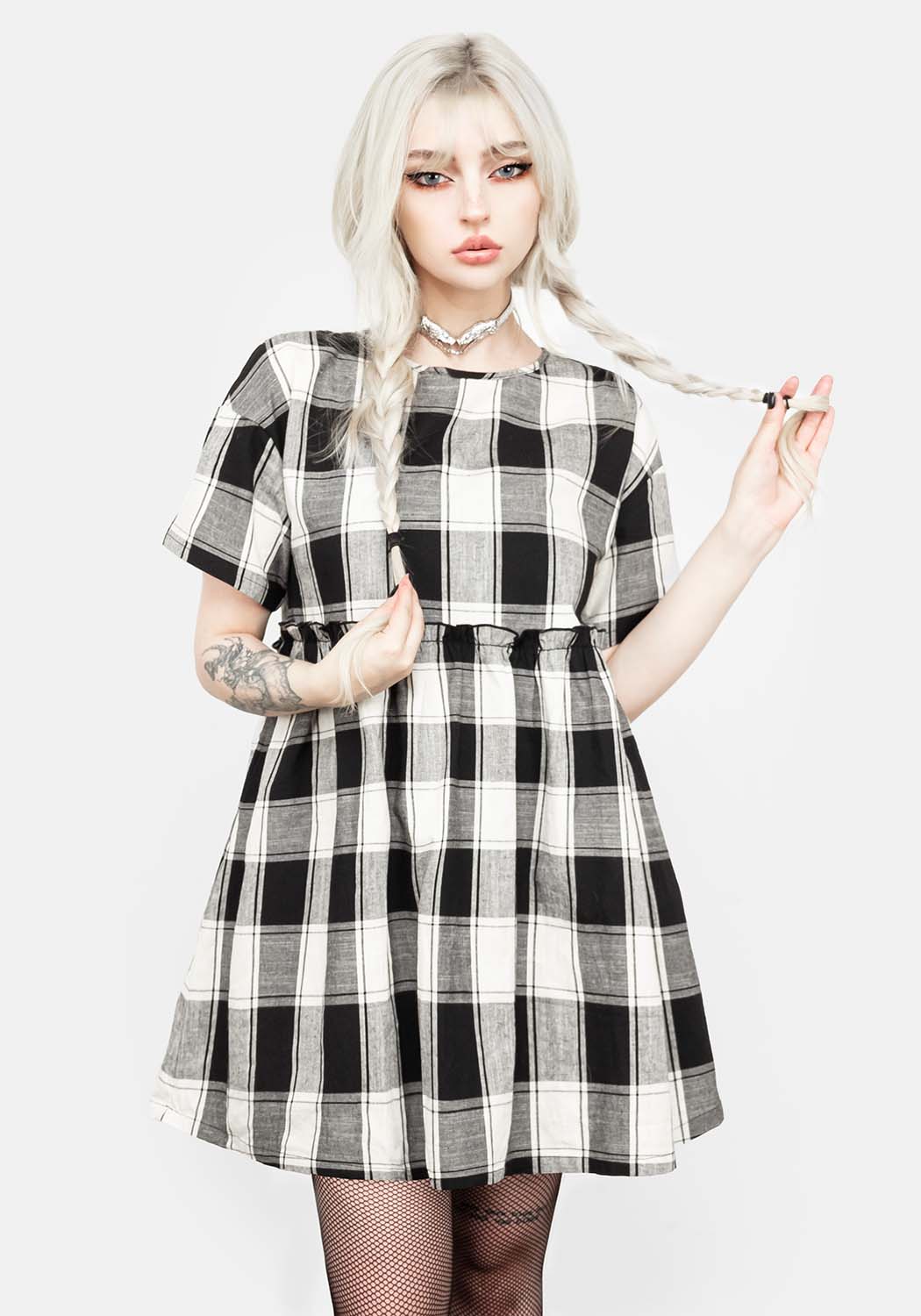 Black & Ivory Check Skater Dress with Ruffles | Shirley Cotton Mini Dress