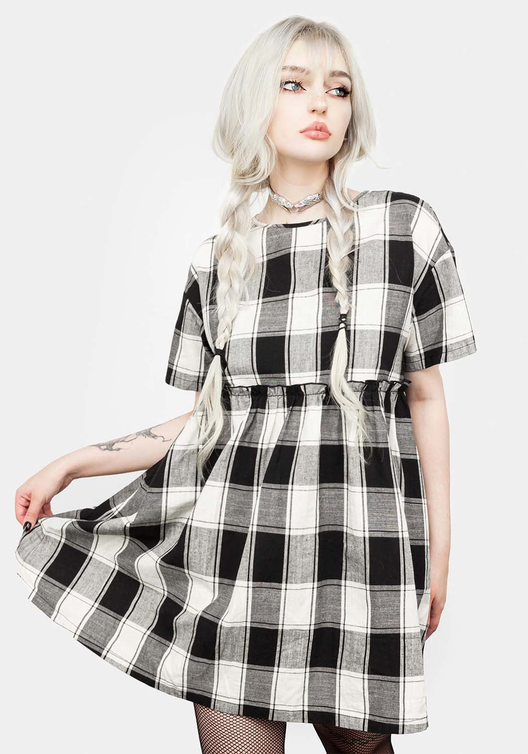 Black & Ivory Check Skater Dress with Ruffles | Shirley Cotton Mini Dress