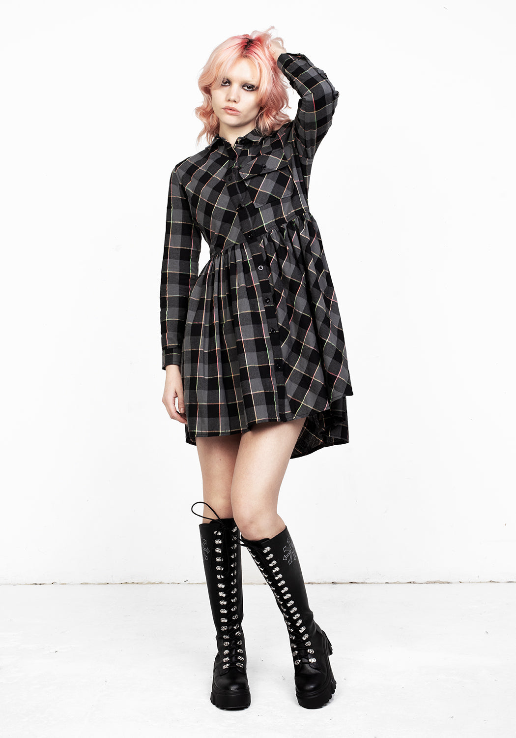 Long Sleeve Check Skater Dress with Button-Down Front | Melody