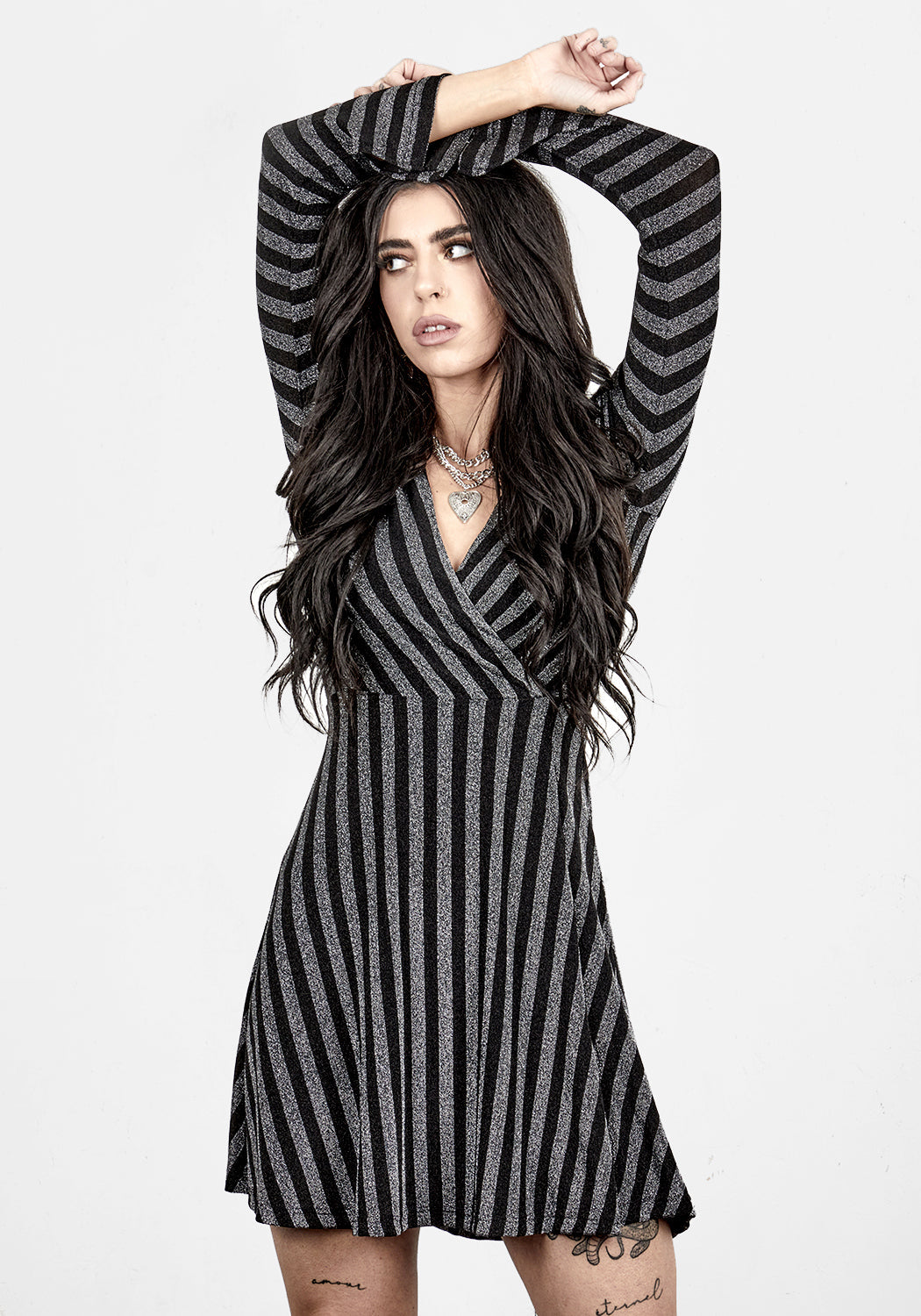 Black Glitter Mock Wrap Dress with V-Neck & Side Split | Roxy