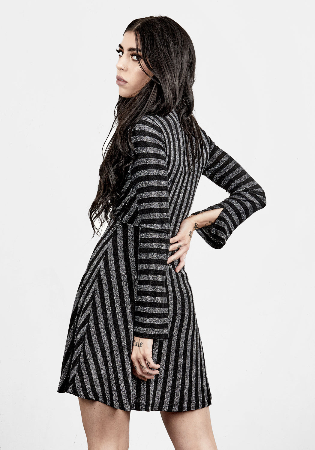 Black Glitter Mock Wrap Dress with V-Neck & Side Split | Roxy