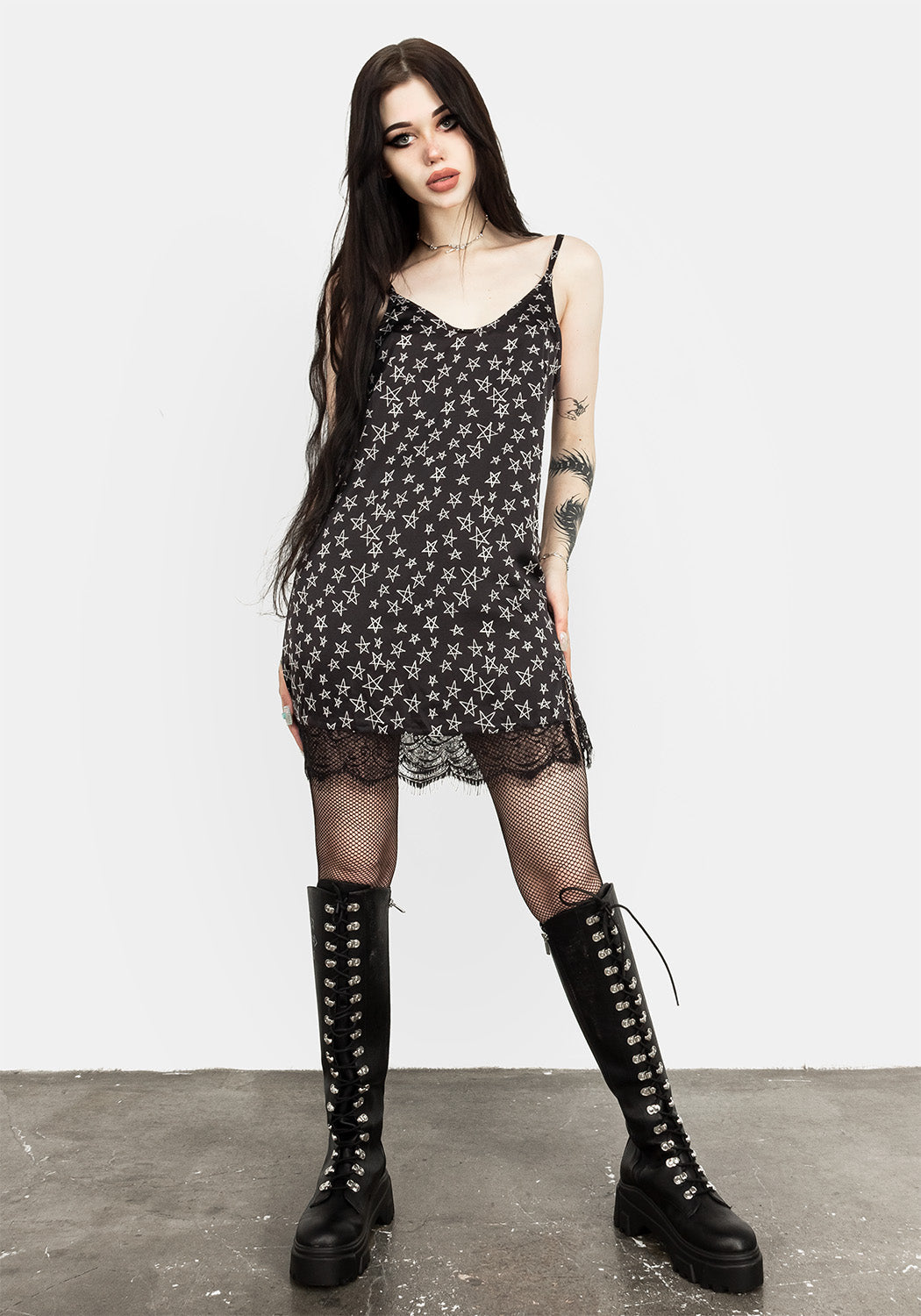Black Lace Trim Slip Dress with Side Split & Adjustable Straps | Hallow