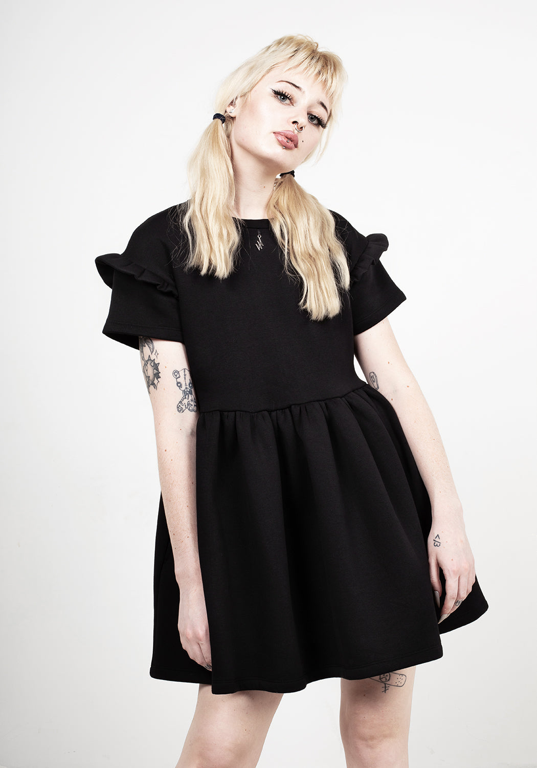 Black Skater Dress with Frill Sleeves & Lightning Charm | Power Frill