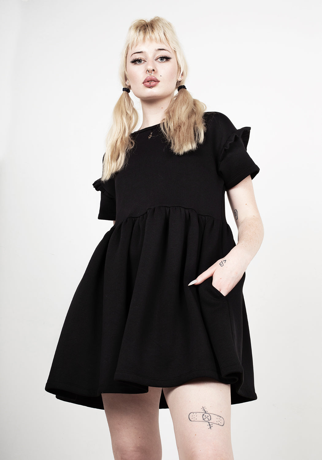 Black Skater Dress with Frill Sleeves & Lightning Charm | Power Frill