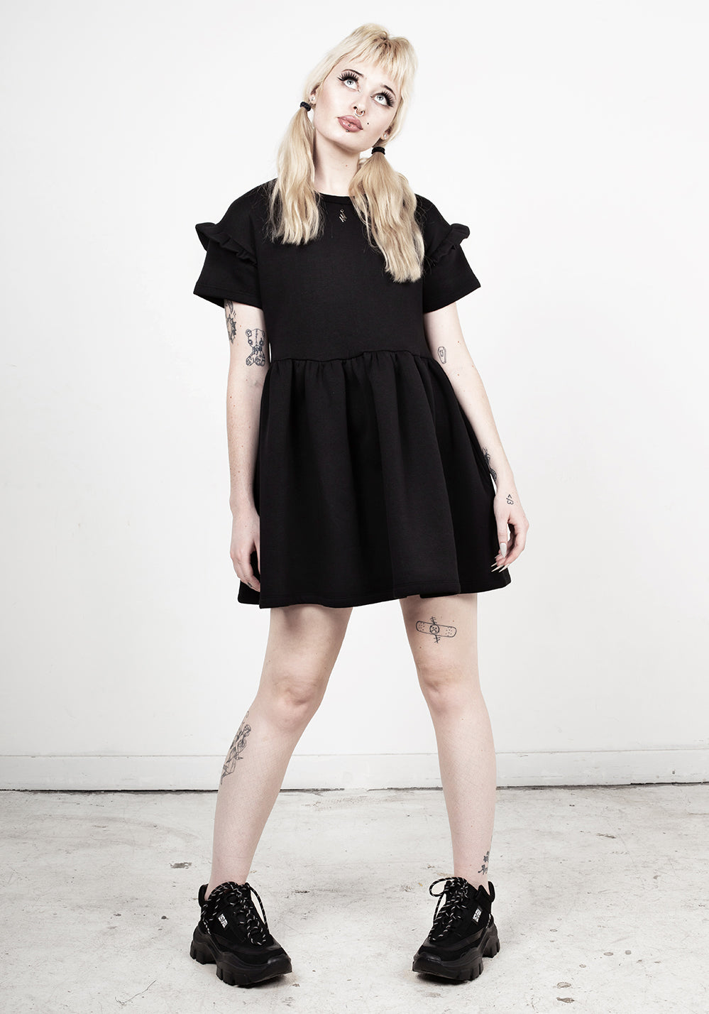 Black Skater Dress with Frill Sleeves & Lightning Charm | Power Frill