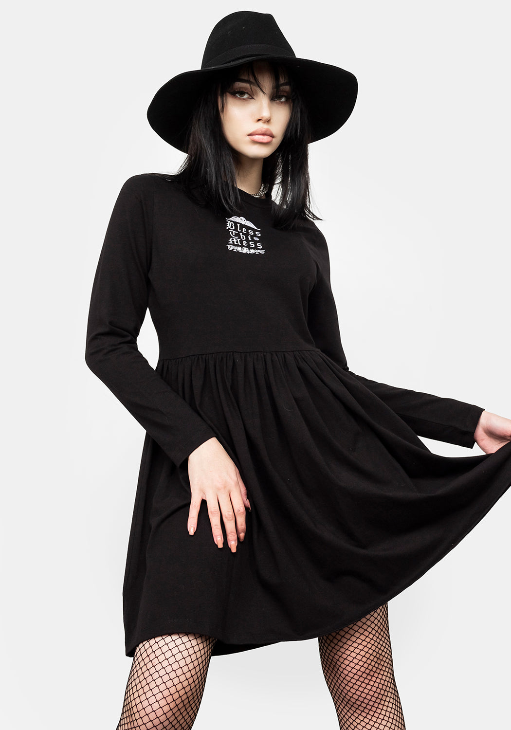 Black Long Sleeve Skater Dress with 'Bless This Mess' Embroidery | Mini Fit 'n' Flare