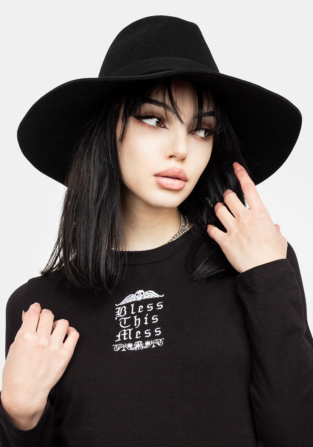 Black Long Sleeve Skater Dress with 'Bless This Mess' Embroidery | Mini Fit 'n' Flare