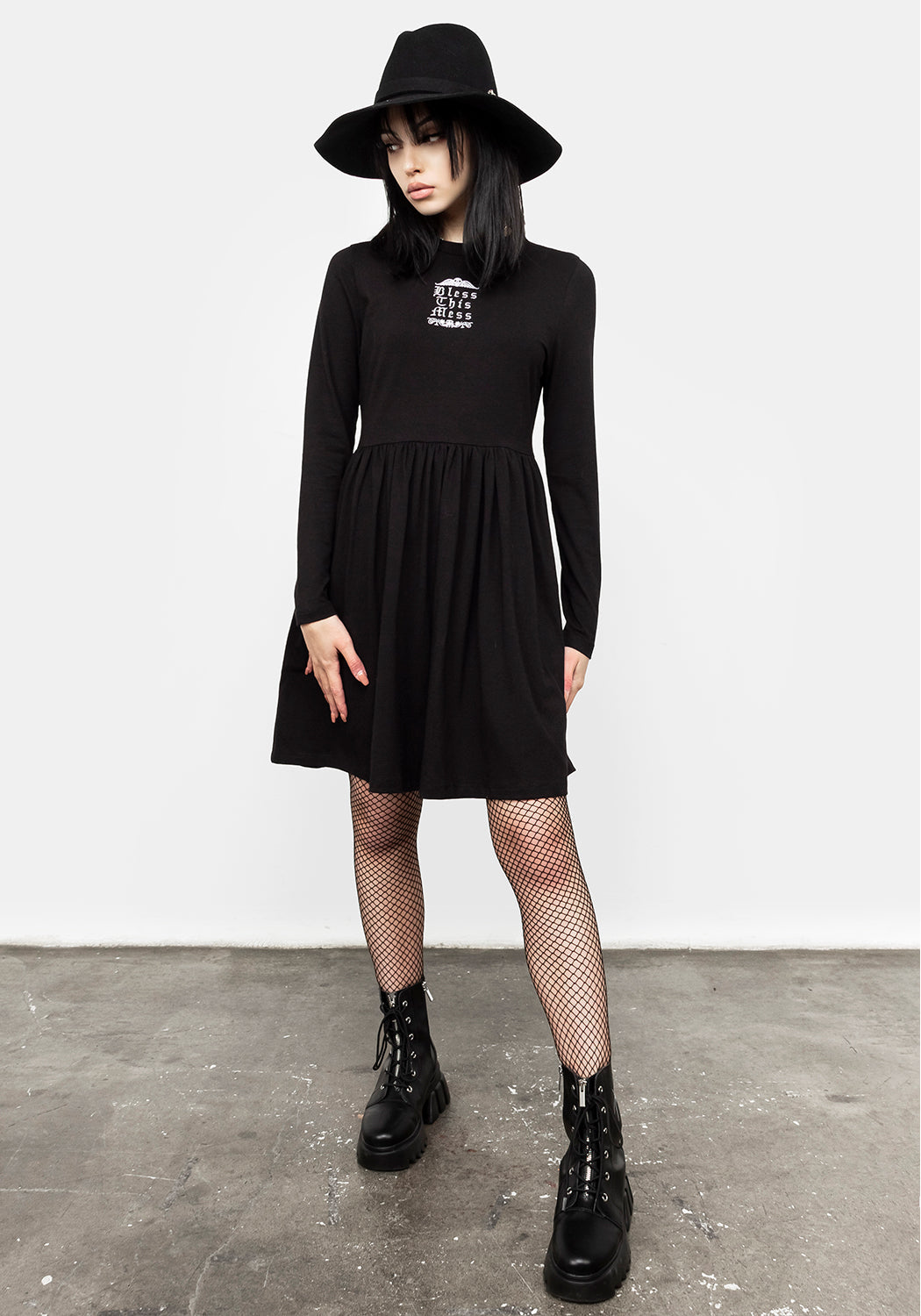 Black Long Sleeve Skater Dress with 'Bless This Mess' Embroidery | Mini Fit 'n' Flare