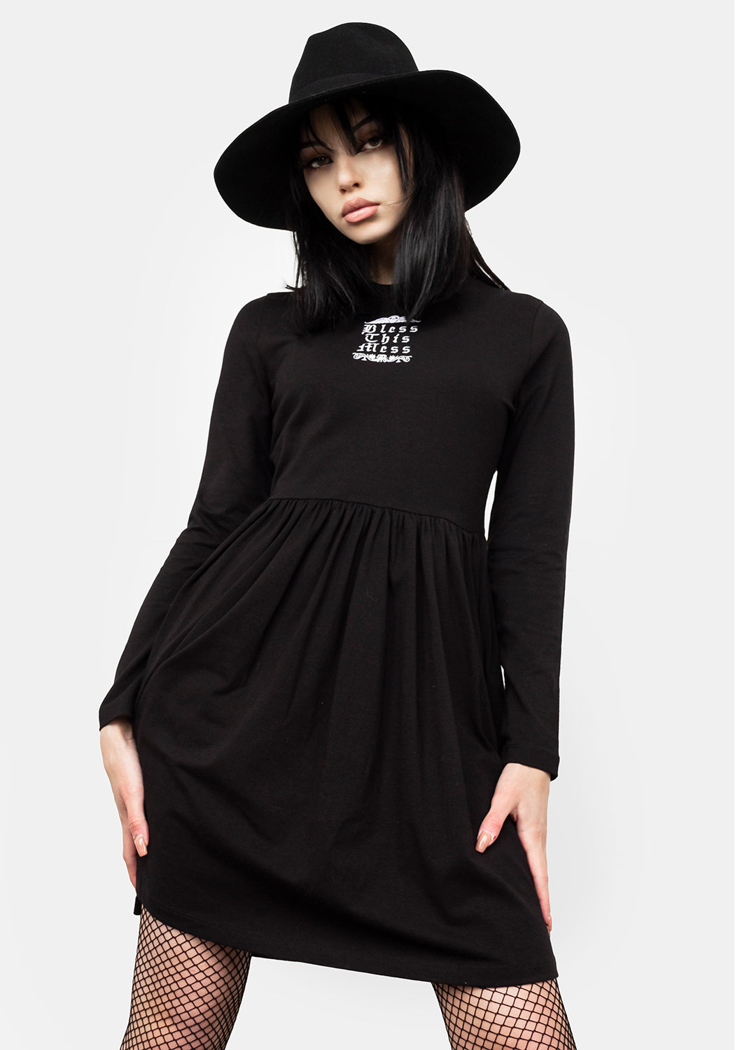 Black Long Sleeve Skater Dress with 'Bless This Mess' Embroidery | Mini Fit 'n' Flare